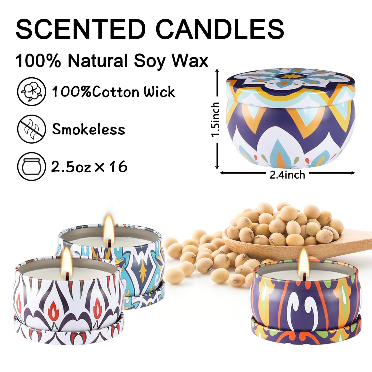 Juego de 16 velas aromáticas pequeñas de 2.5 onzas, vela de aromaterapia 100 % cera de soja natural, vela portátil de viaje para mujer, decoración del hogar, cumpleaños, meditación