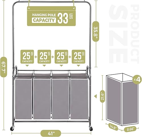 Miniatura 2 de Clasificador de ropa sucia de 4 secciones con barra para colgar, 4 bolsas de alta resistencia, organizador de cesta de lavandería con ruedas y