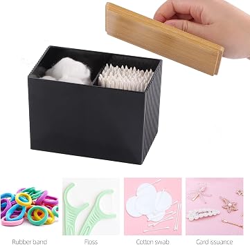 Qtip Holder with Bamboo Lids, 3 Compartments Cotton Ball/Swabs Dispenser, Apothecary Jar Plastic Container for Storage and Organizer (Black)