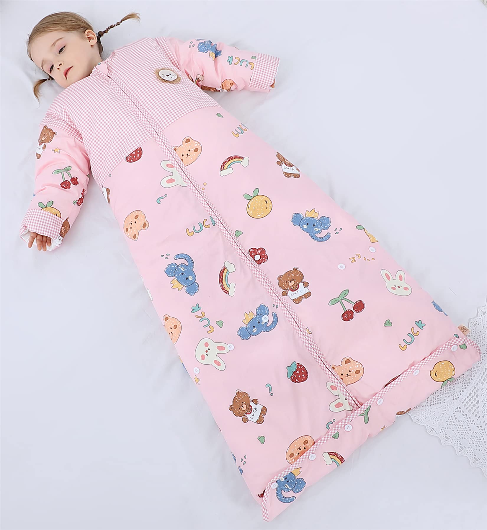 Chilsuessy Sacco nanna invernale 2,5 Tog, per bambini, con maniche rimovibili, in cotone biologico, per tutto l'anno, per ragazzi e ragazze, caldo, 2,5 tog/orsetto ciliegio, L (100-130 cm)