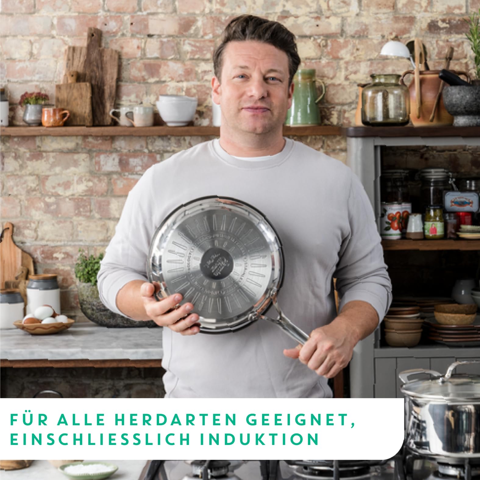 Tefal Jamie Oliver Cook's Direct On Bratpfanne 28 cm, Edelstahlpfanne Induktion, Titanium-Antihaftbeschichtung, Thermo-Signal, backofenfest, Edelstahl, genieteter Griff, E3040644