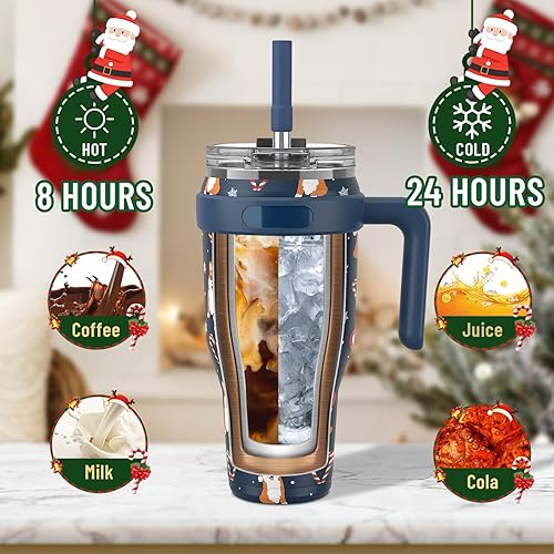Miniatura 3 de Sursip Vaso aislado de 40 onzas con tapa de rosca, vaso de acero inoxidable con pajillaasa, para bebidas fríascalientes, a prueba de sudor, fugas,