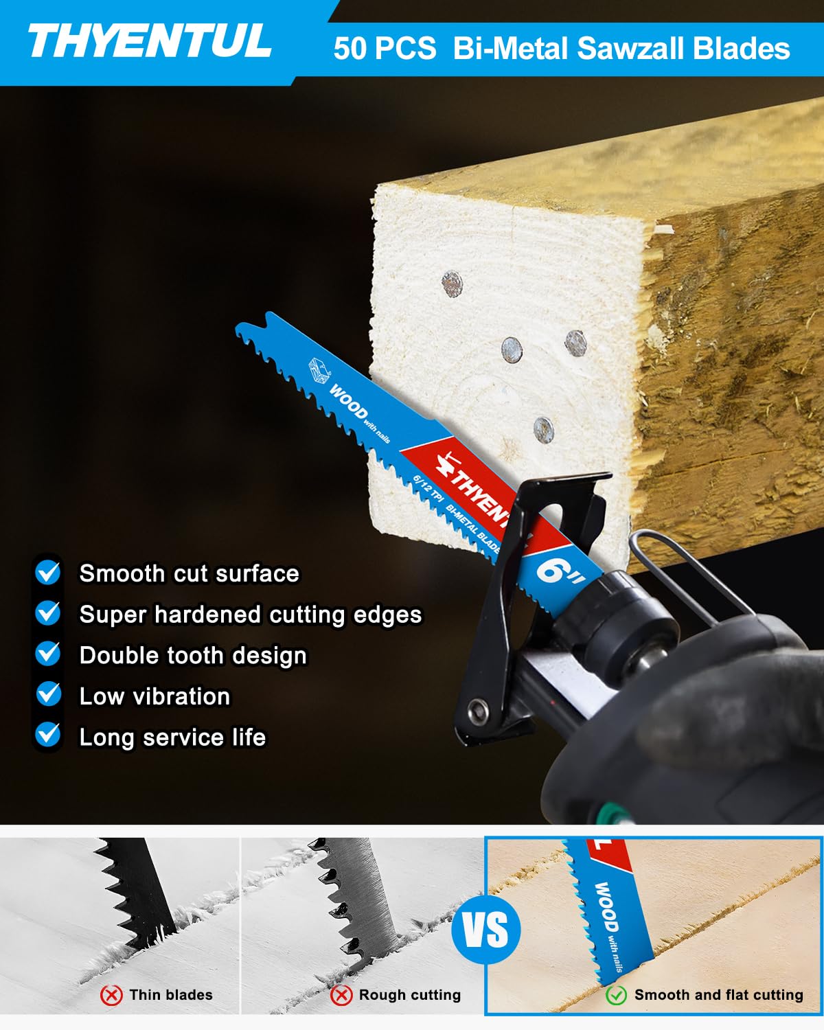 50 Pack 6in 6/12TPI Stud and Nail-Embedded Saw Blades,Bi-Metal Demolition Reciprocating Saw Blade for Nail-Embedded Wood Cutting,Garden Pruning,Small Branch Pruning,Wood Window Door Demolition