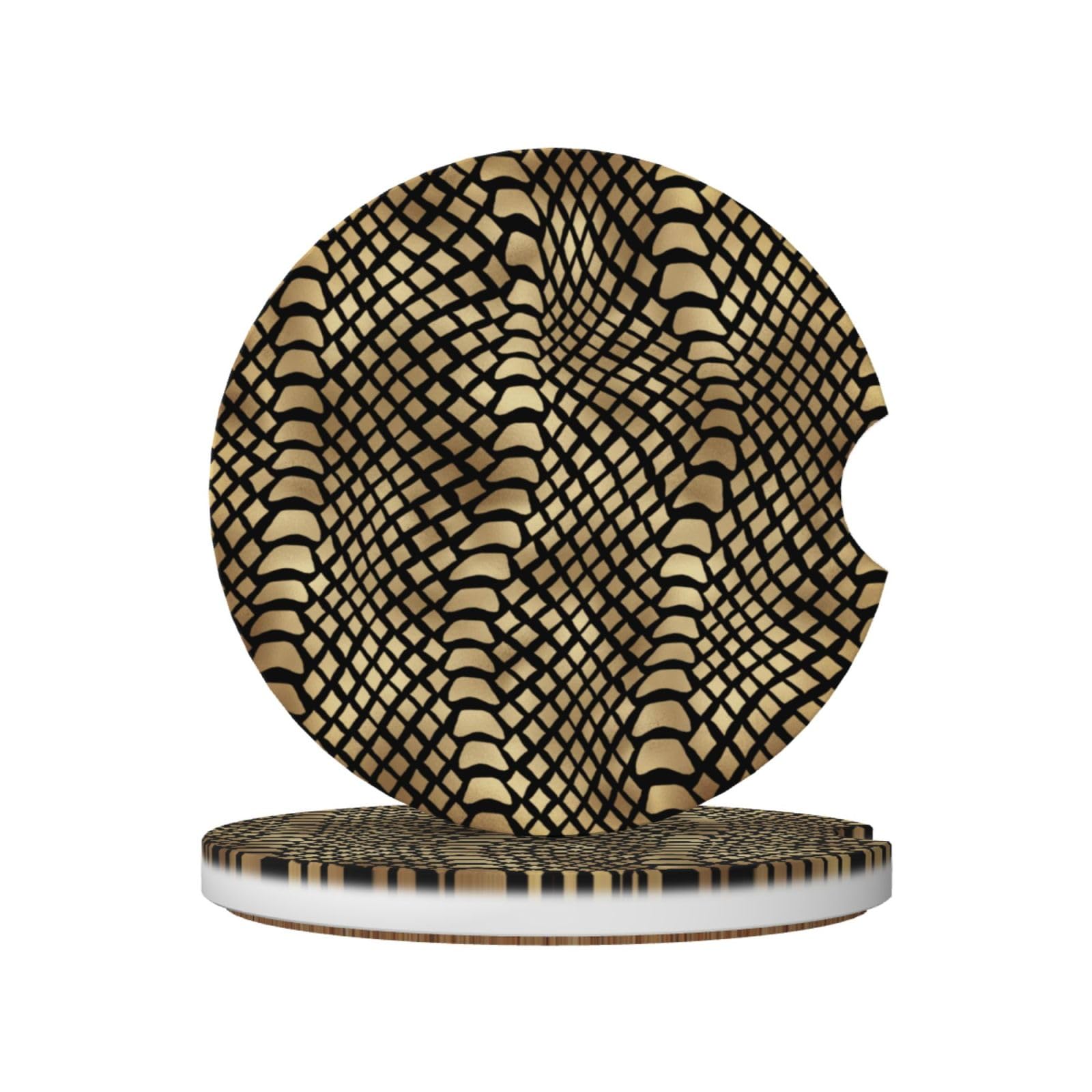 Safari African Black Gold Python Animal Skin Sepia, Car Cup Holder Coasters 2 Pack, Absorbent Ceramic Car Coasters with Non Slip Cork Base