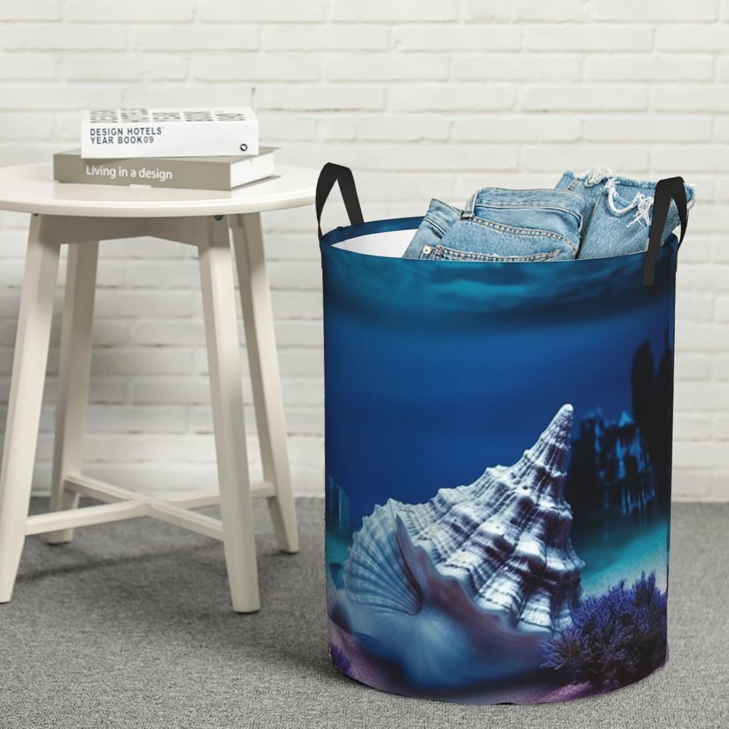 Underwater world shell Laundry Basket With Handles, Foldable Laundry Hamper Oxford Cloth Dirty Clothes Basket Waterproof Clothes Toys Storage Bin Organizer for Bedroom Bathroom Dorm