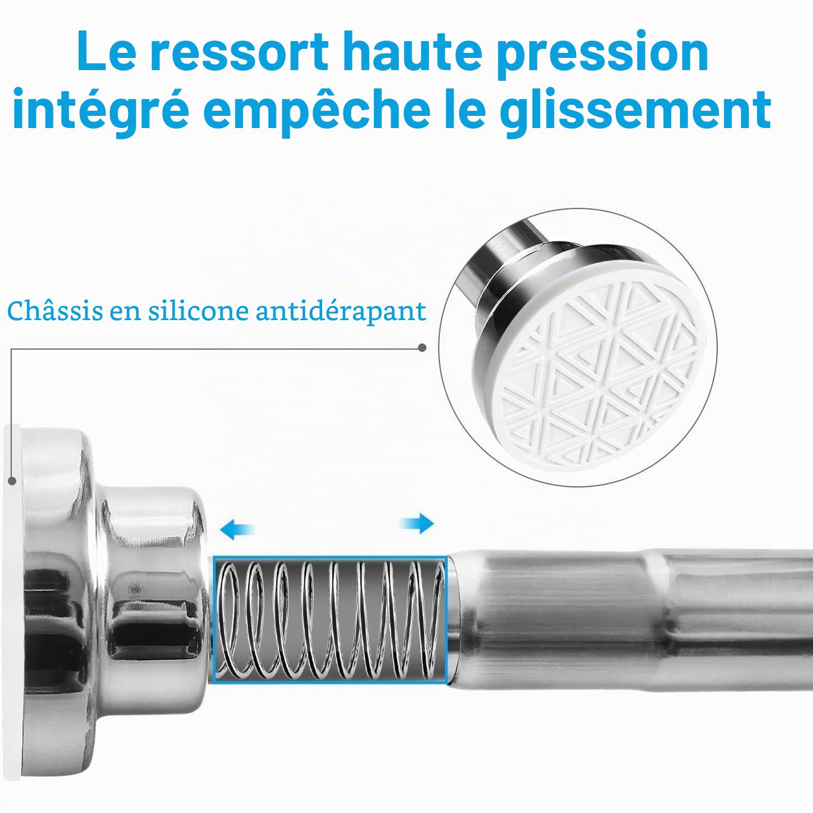 Barre Rideau Douche Sans Percage Extensible 48-200cm Inoxydable 304 Argenté Antidérapant