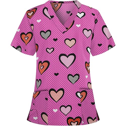 HXHYQKP Womens Plus Size Scrub Tops 2024 Print Nurse Uniforms for Women Short Sleeve V-Neck Shirts Tops with Pockets