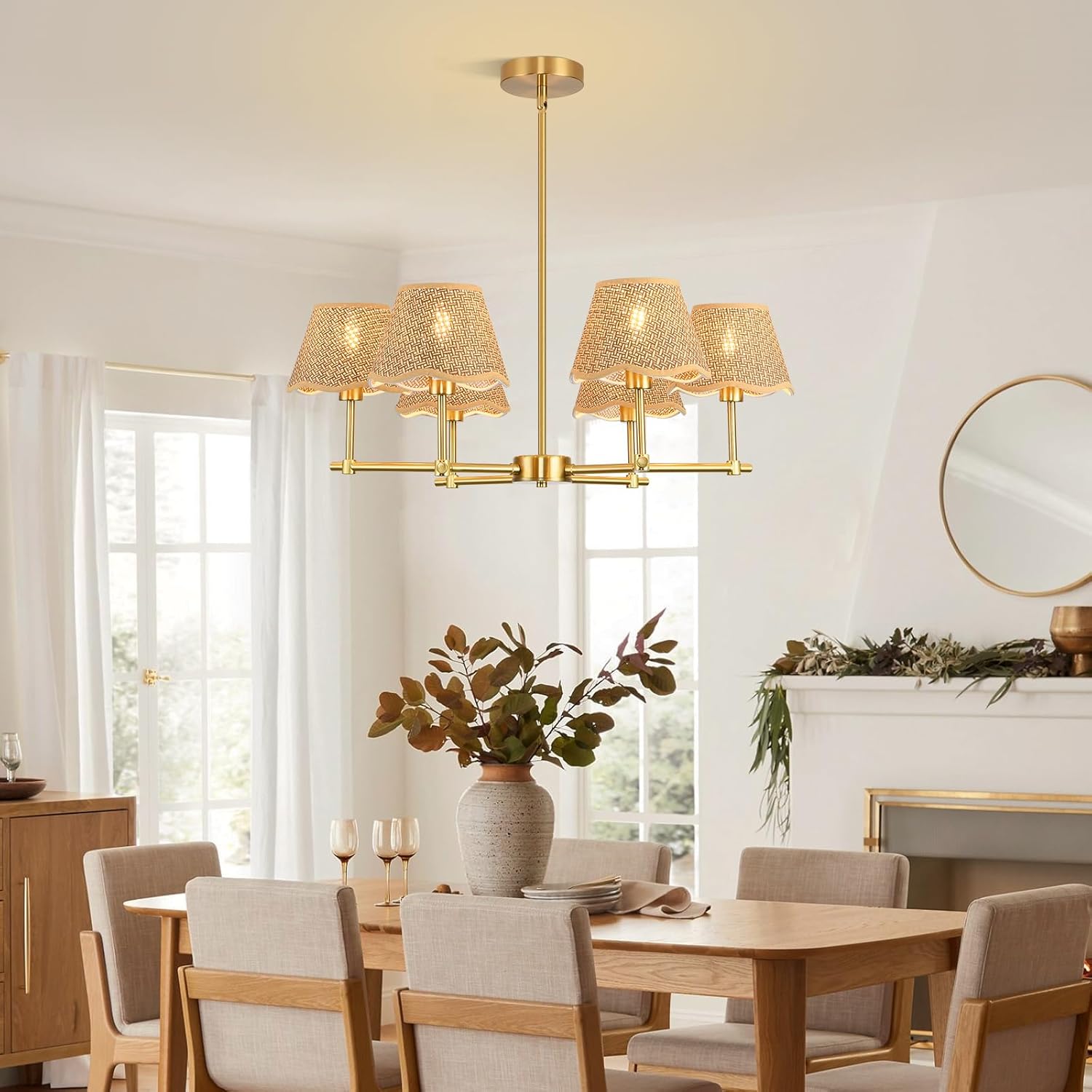 6 Light Gold Modern Farmhouse Rattan Chandelier Light Fixture, Large Rustic Boho Kitchen Adjustable Island Chandelier, Pendant Lighting For Living Room And Dining Room, Black Rattan Shade Lights