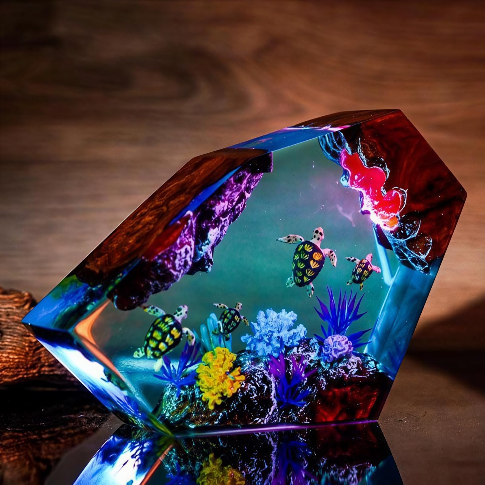 Drawelry Epoxy Resin Ocean Lamp with LED, Handmade Whale Shark Bedside Table Lamp, Desk Resin Diver Lamp Home Office Bedroom Decor 15.24x10.16cm (Turtle and Seaweed) — image 1