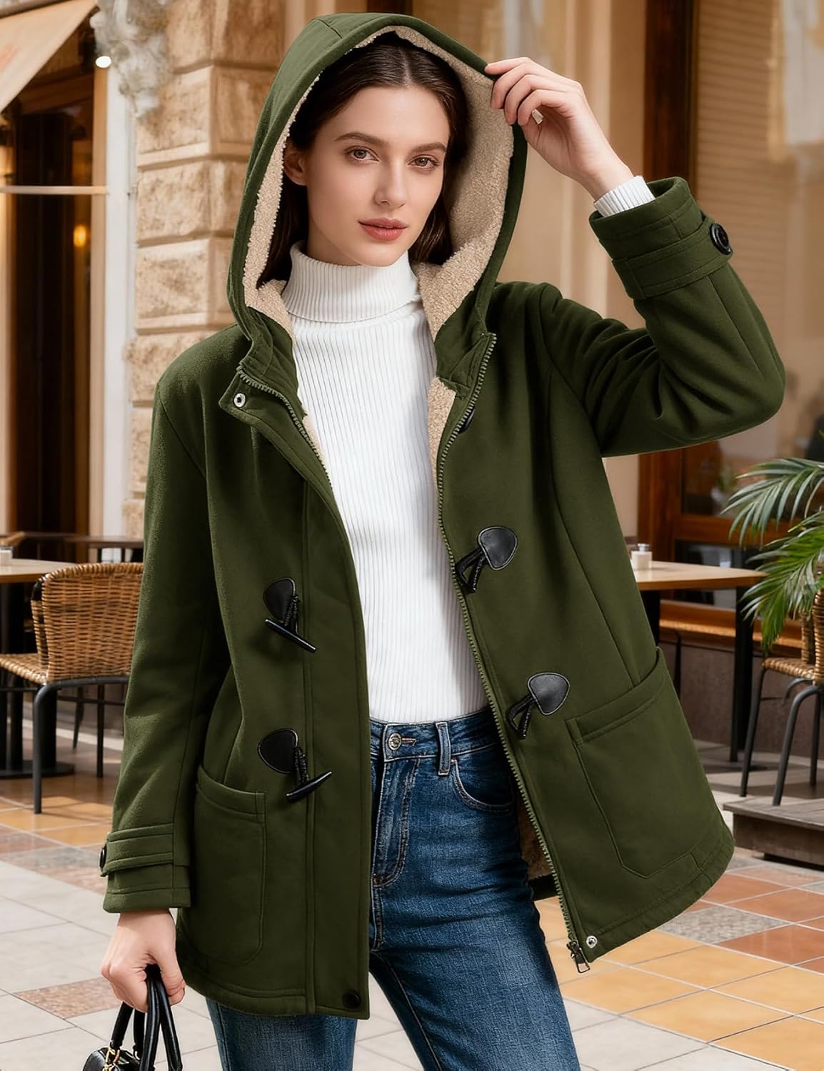 Flygo Sherpa Lined Winter Jackets for Women Fleece Hoodie Jacket Warm Fall Winter Toggle Duffle Coats - Image 5