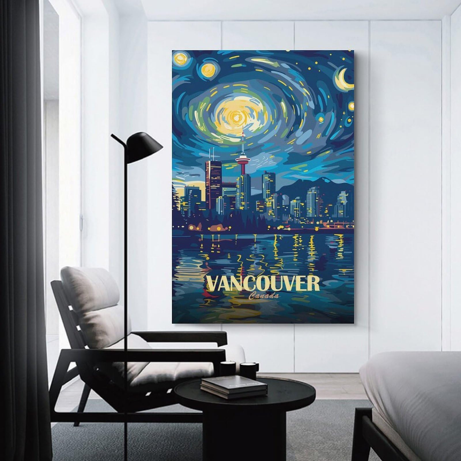 Junmoney Vancouver Canada Night Skyline Art Canvas Art Print, 24x36inch(60x90cm), for Picture Wall Styling in Lounge Or Bedroom, Wall Decor Suited to Curated Displays