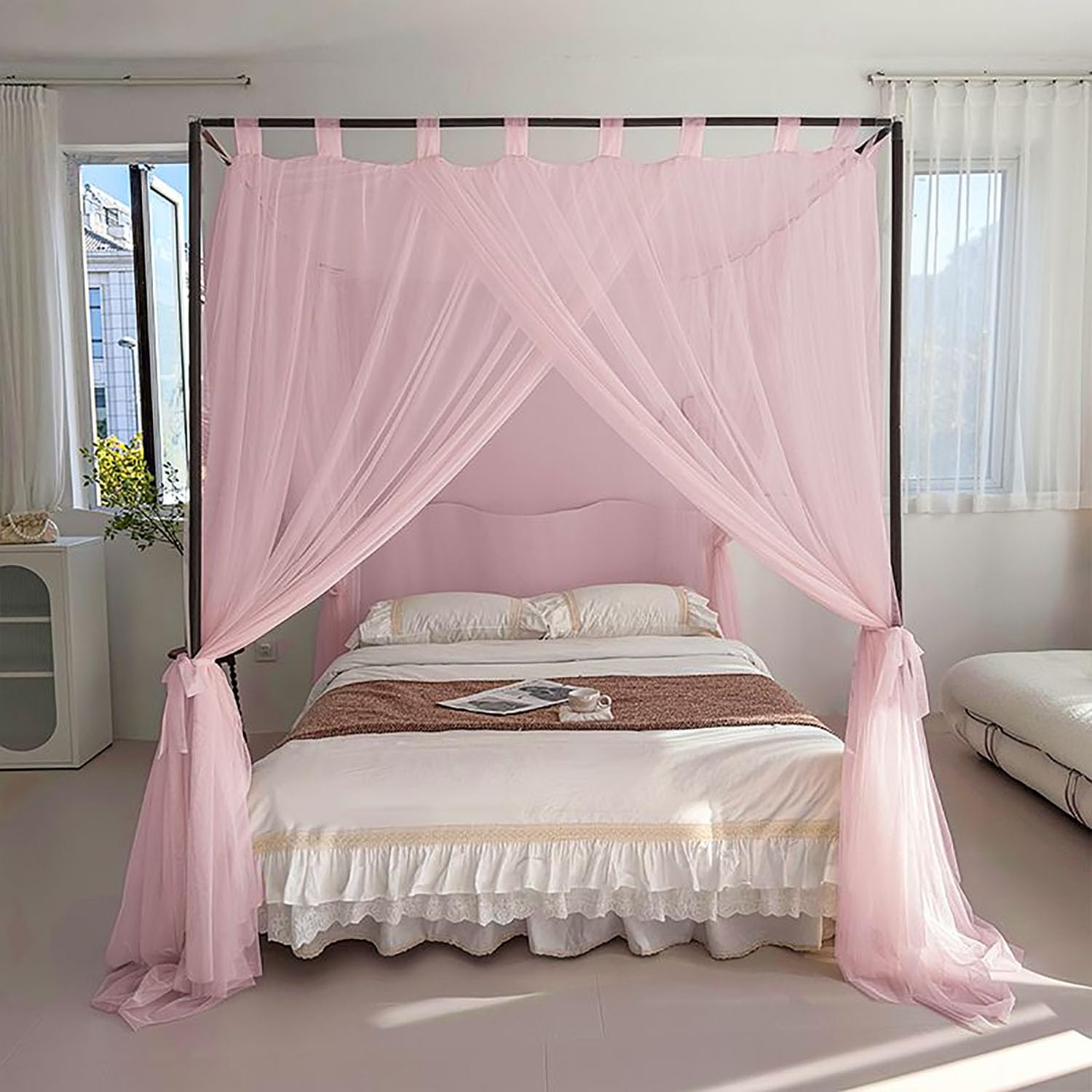 Prinzessin Bett Baldachin Vorhang 4 Ecke Moskitonetz mit 3 Öffnungen für Hochzeit Zimmer Thema Party und Outdoor Camping (Stangen Nicht Inbegriffen),Pink, 1.8 * 2.0m