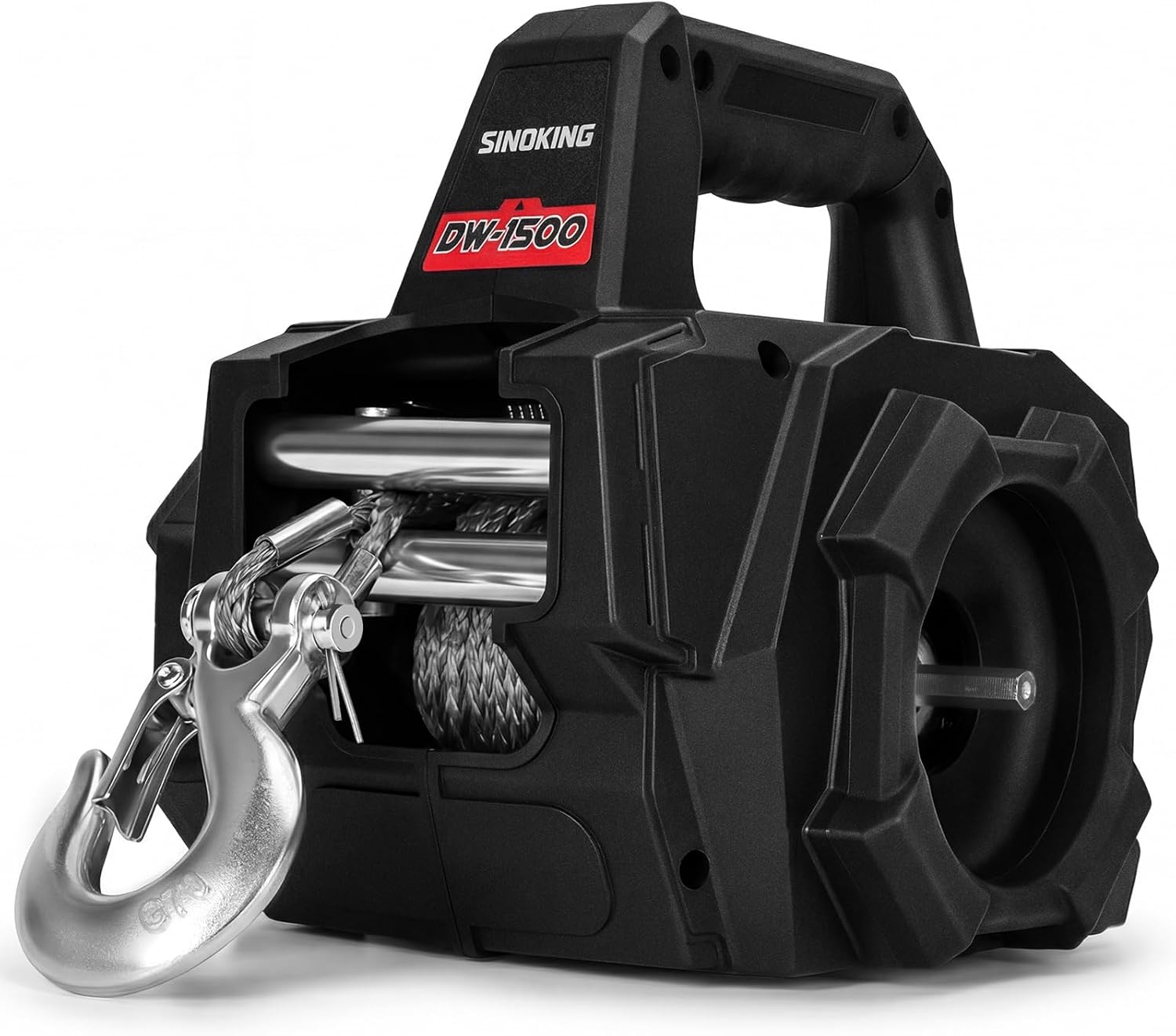 SINOKING 1500 LB Portable Winch, Drill Winch with Universal Drill Fitment, 40 ft Synthetic Rope, Free-Spool Clutch, 360° Swivel Hook for ATV, Farm, Rescue and Trailer Use