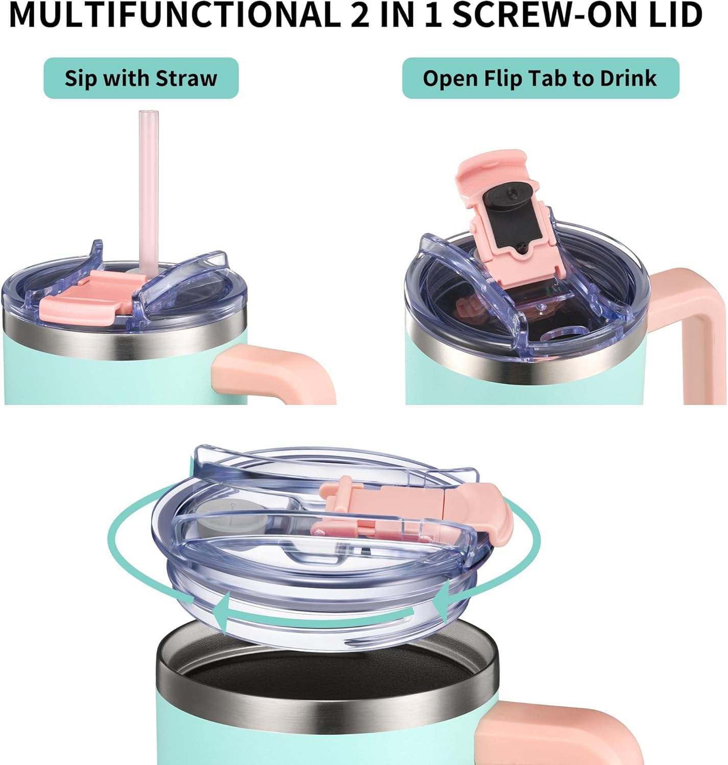 THILY 40 oz Stainless Steel Tumbler with Handle - Vacuum Insulated Travel Cup, Splash-Proof & Leakproof Lid, 2 Straws & Brush | Keeps Cold 34H/Hot 12H, Cupholder Friendly, Candy Pink - Image 2