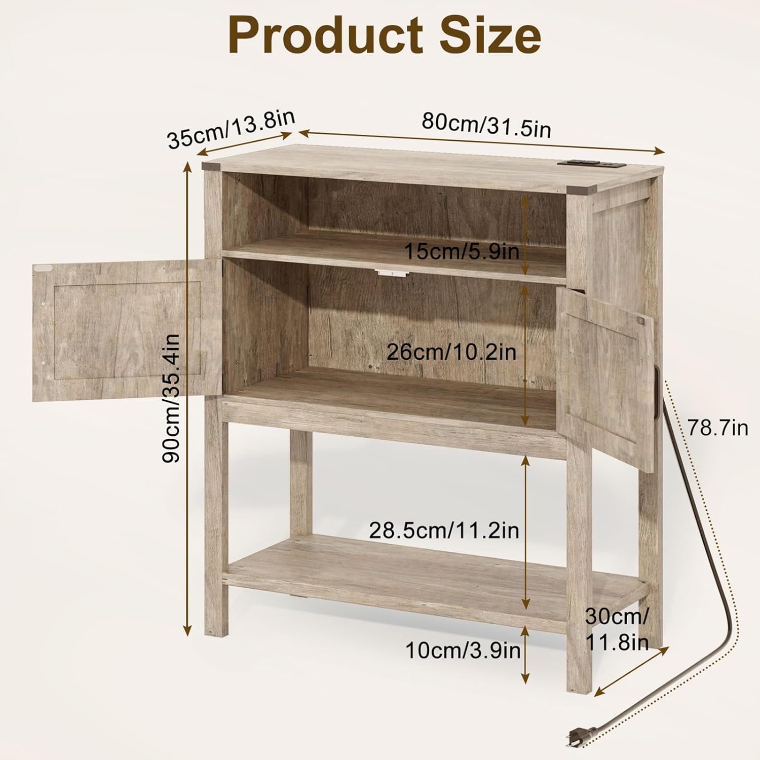 31.5" W Coffee Bar Cabinet with Outlets, 2-Door Farmhouse Console Table Sofa Storage Cabinet Narrow Buffet Sideboard for Kitchen, Pantry, Entryway, Hallway, Dining (Light Oak)