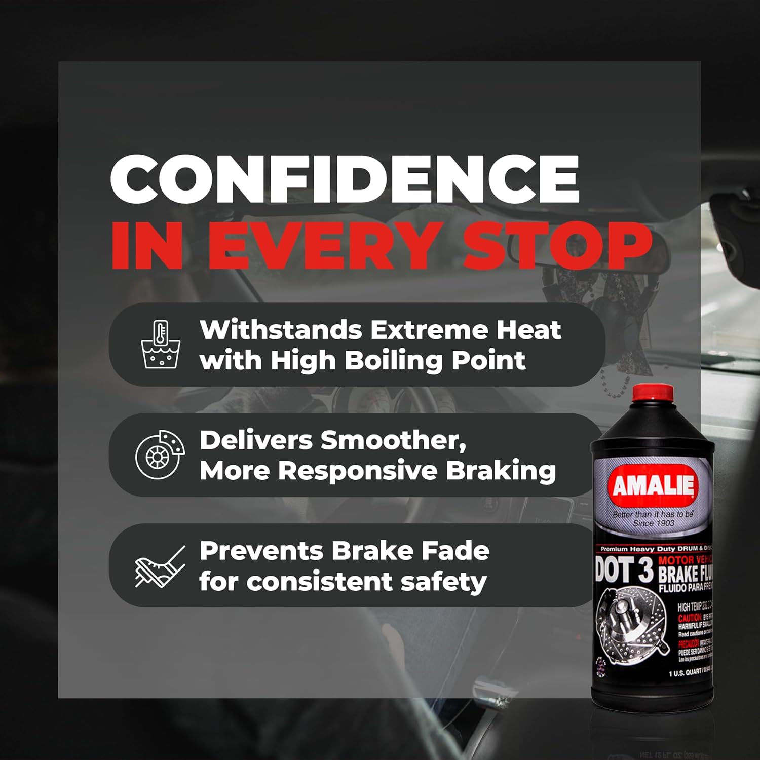 Amalie DOT 3 Brake Fluid (160-65031-50), Heavy Duty Drum & Disc Brake Fluid for Cars, Trucks & Motorcycles with Corrosion Protection & Long-Term Stability, Made in USA, 1 Quart - Pack of 12