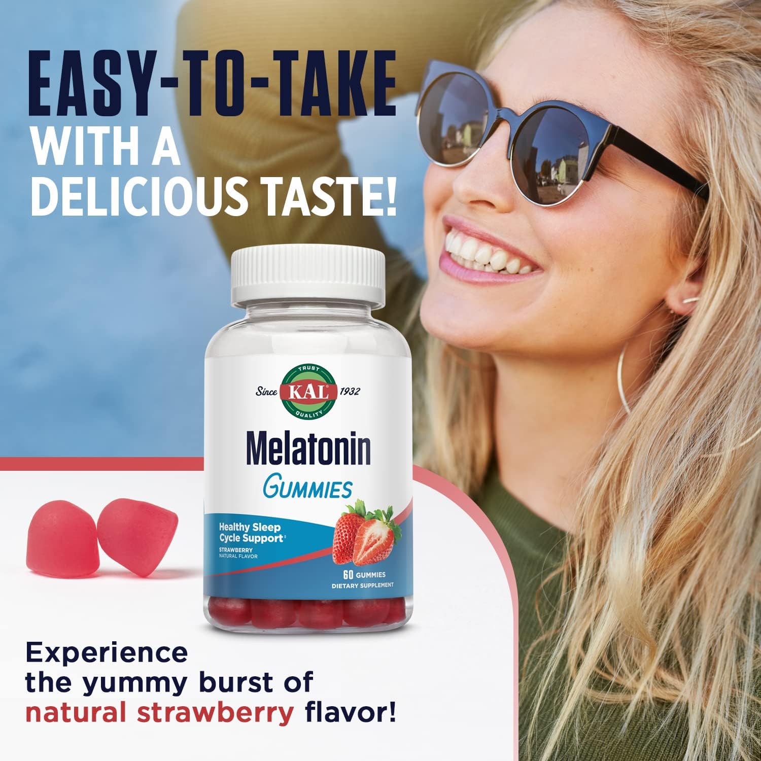 KAL Melatonin Gummies, Melatonin 5mg Sleep Aid, Healthy Relaxation, Sleep Duration, Quality, and Calmness Support Formula, Vegetarian, Gluten Free, Natural Strawberry Flavor