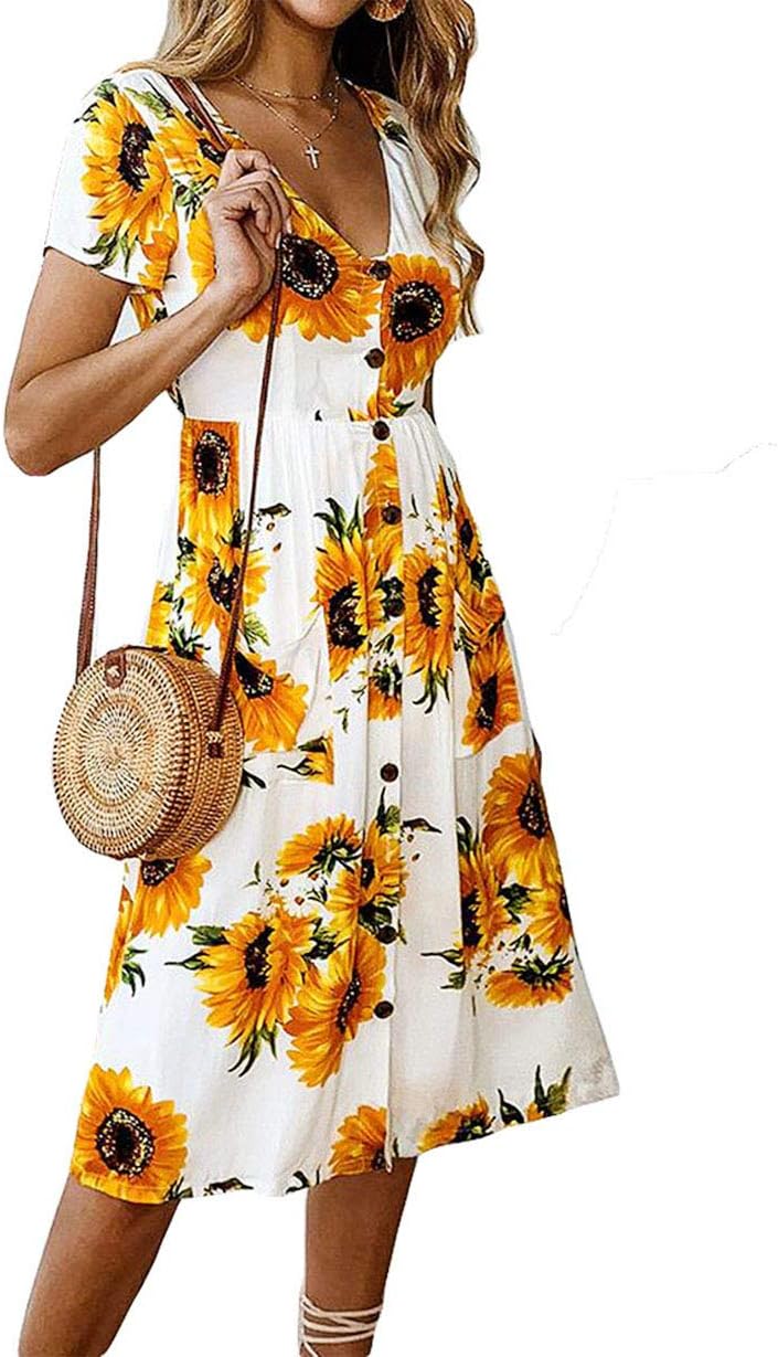 Women's Dresses- Summer Boho Sunflower Button V Neck Short Sleeve Midi Skater T Shirt Sundress with Pockets (White, L)