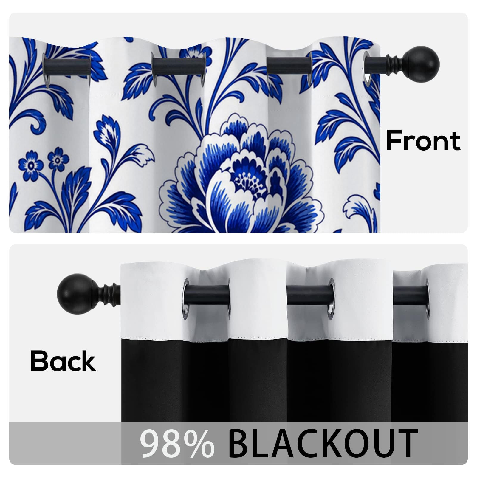 Blau-Weiße Porzellanpfingstrose Verdunkelungsvorhänge mit Ösen im Retro-Blumenmuster | Blickdichte Vorhänge für Schlafzimmer, Wohnzimmer und Kinderzimmer,H200cmxB140cm(2er Pack)