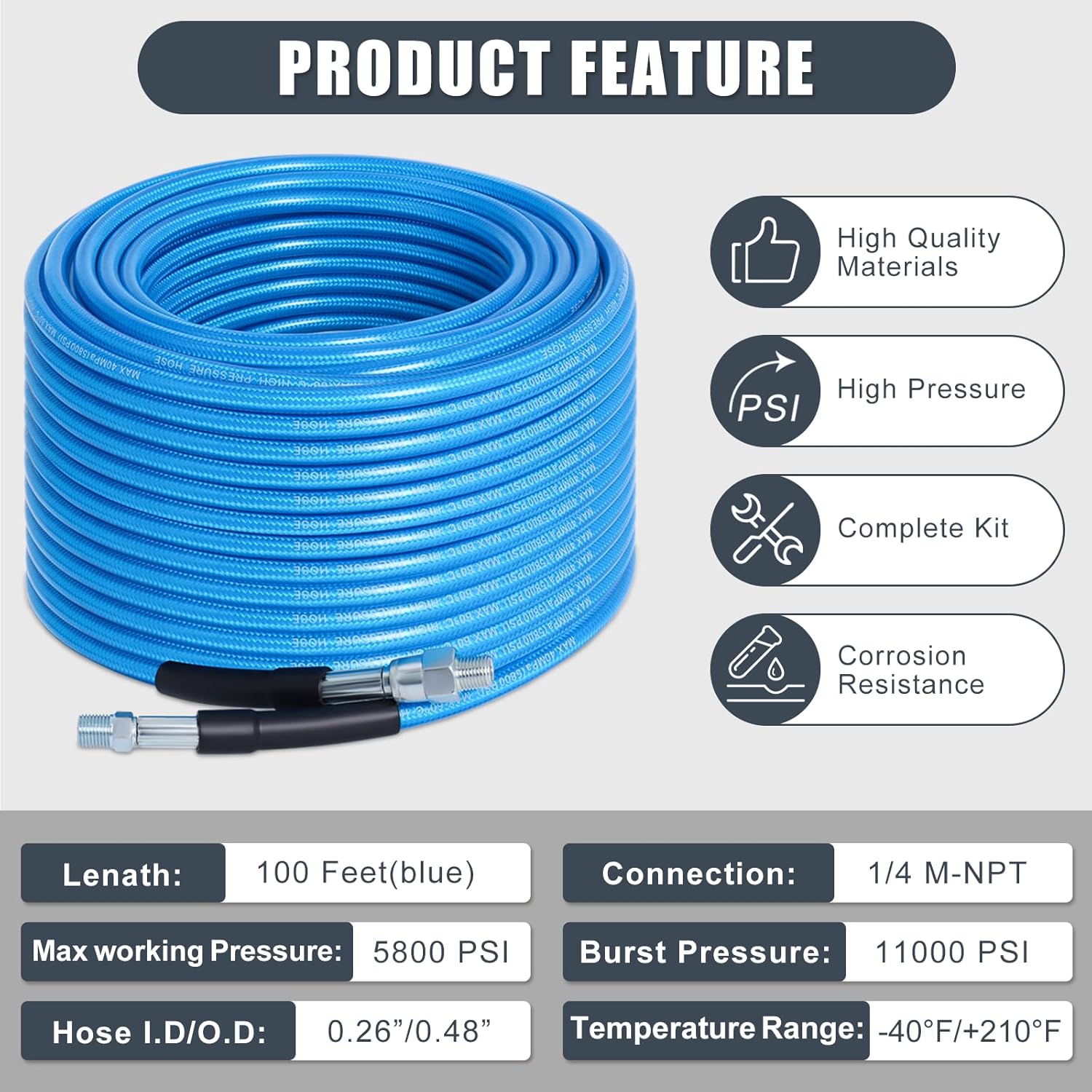100 FT Sewer Jetter Kit for Pressure Washer, 5800PSI Water Jet Drain Cleaner Hose, 1/4 Inch NPT Corner with 4 Sewer Jetting Nozzles, Pearl Corsage Pin, Waterproof Tape, Handle Strap&2 Spanner (Blue) - Image 7