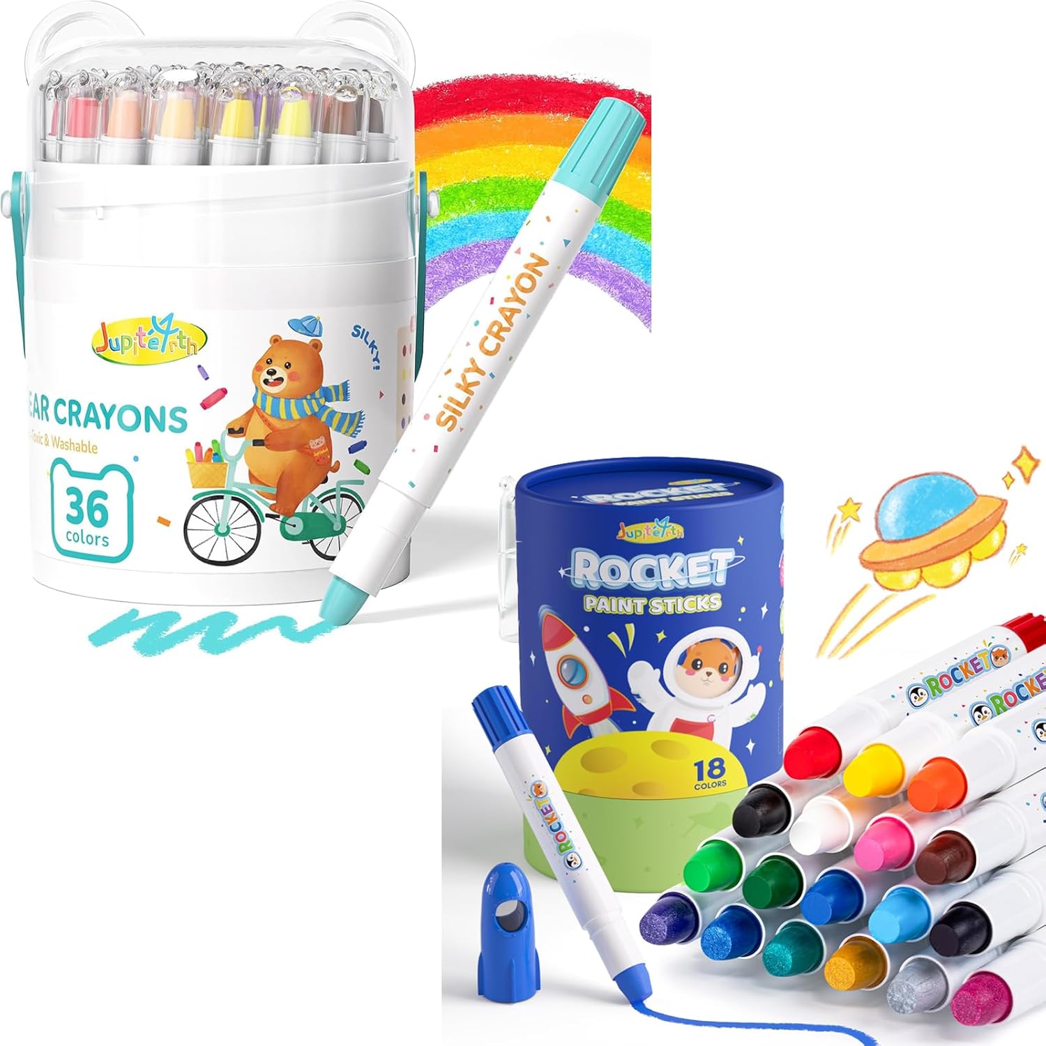JUPITEARTH 36 Color Twist Crayons for Toddlers 1-3 and Kids 4-8 + 18 Colors Washable Rocket Tempera Paint Sticks for Kids