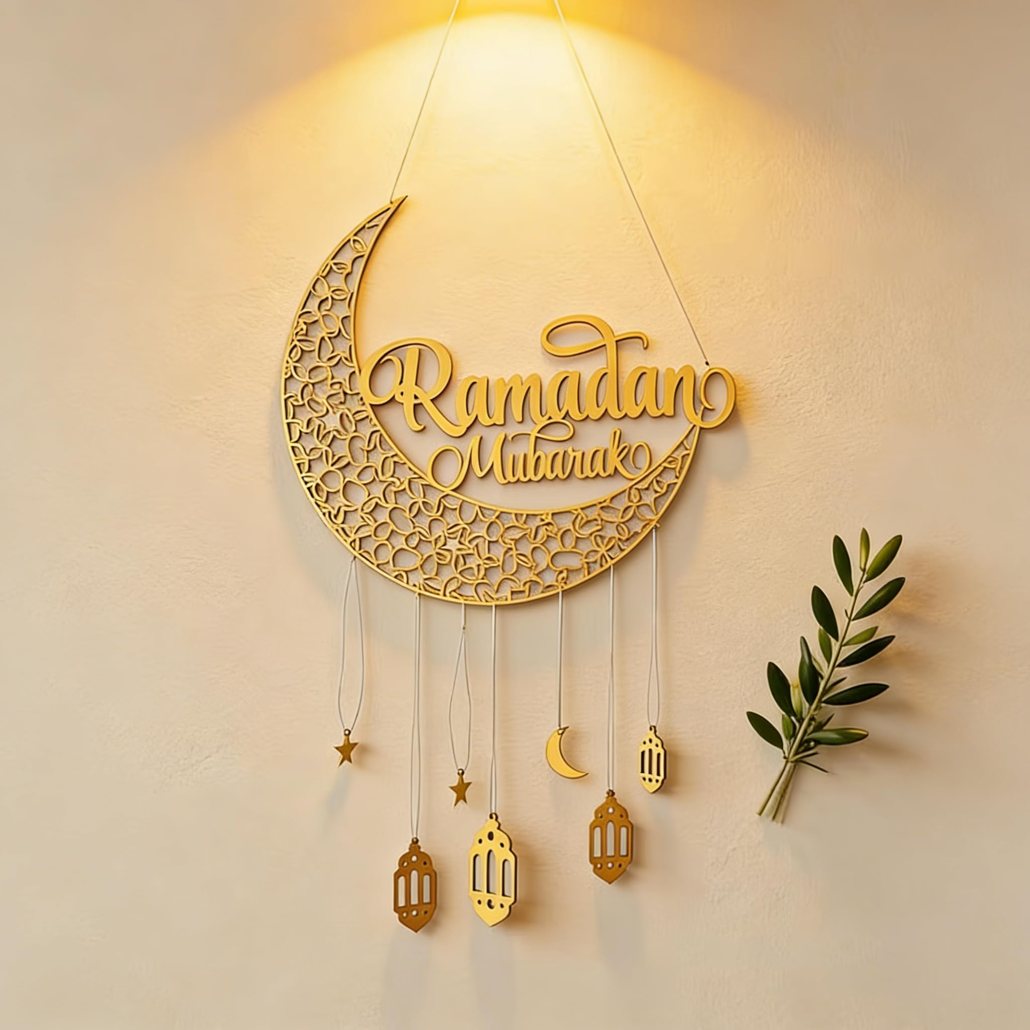 Yoawllty Ramadan Decorations,Ramadan Hanging Decorations,Eid Mubarak Wooden Hanging Sign Ramadan Wall Hanging Decoration Moon Star Lantern Shape Decor