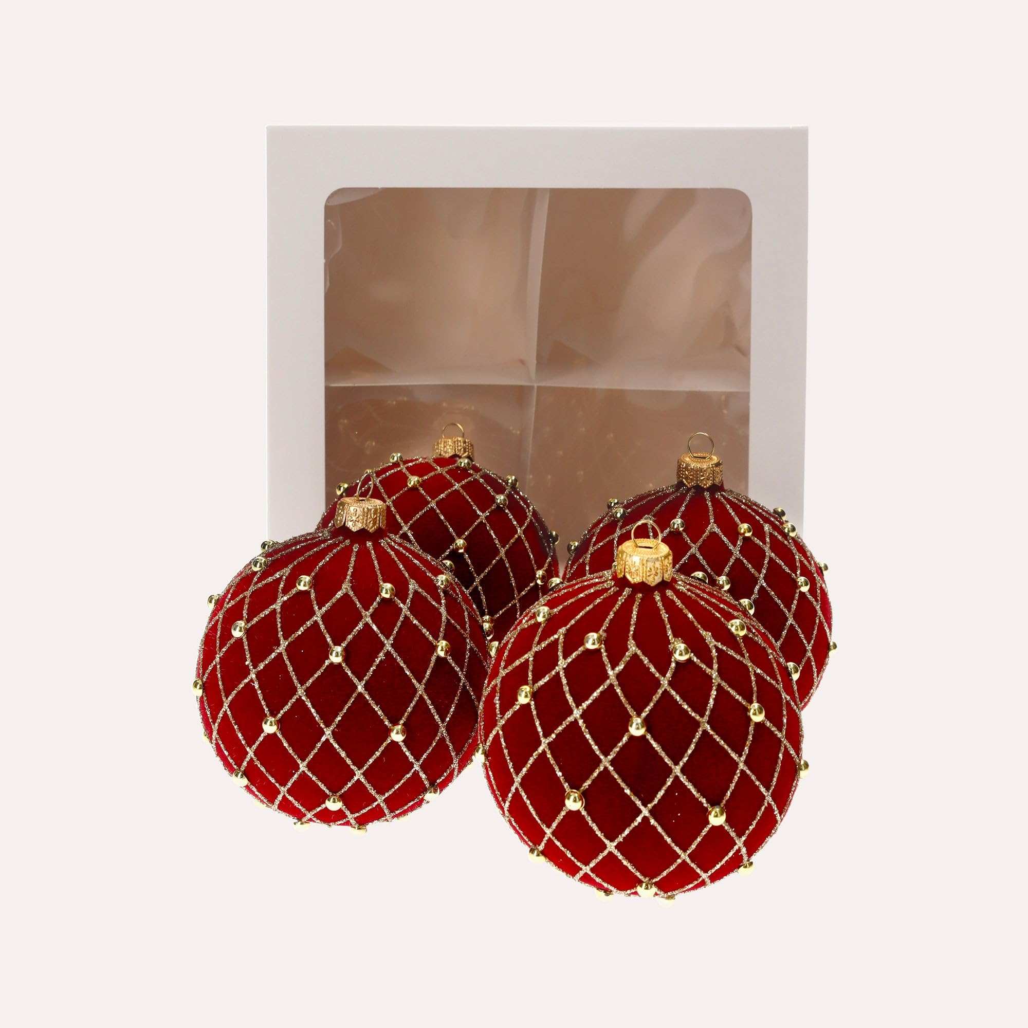 KEYHOMESTORE- zestaw 4 szklane kulki choinkowe, pokryte czerwonym aksamitem i brokatem.