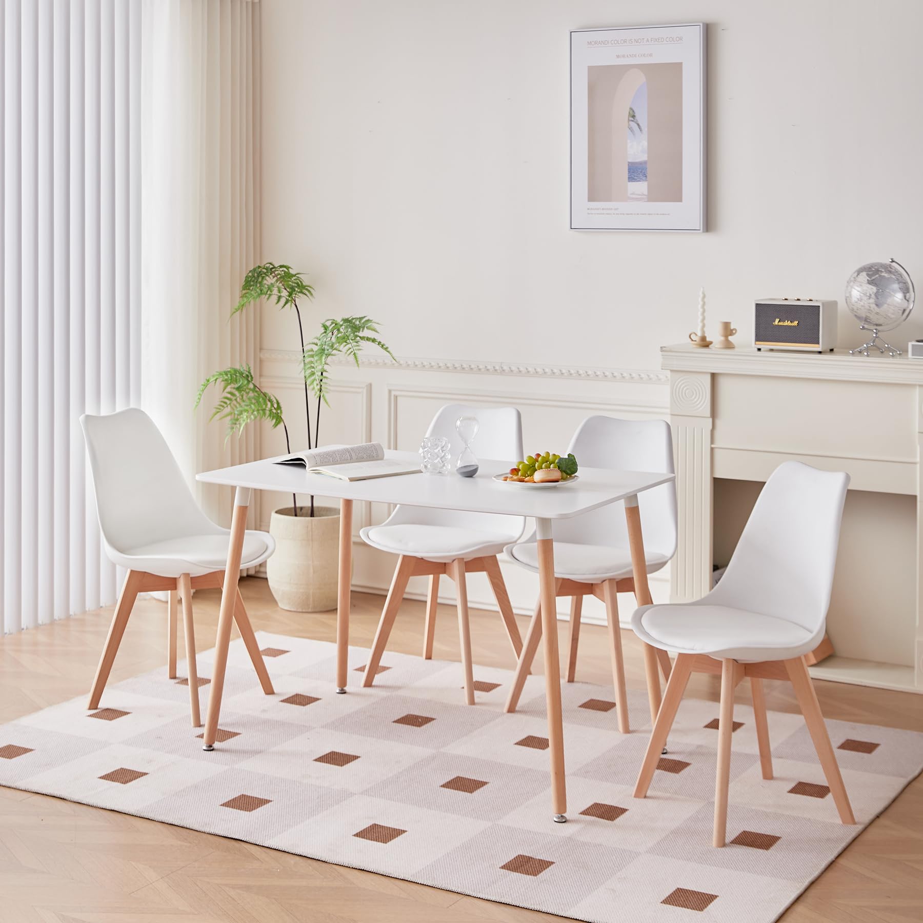 Juego de Comedor Mesa Rectángulo con 4 Sillas，para el Hogar, la Oficina y el Café (Blanco+ZDCZ)