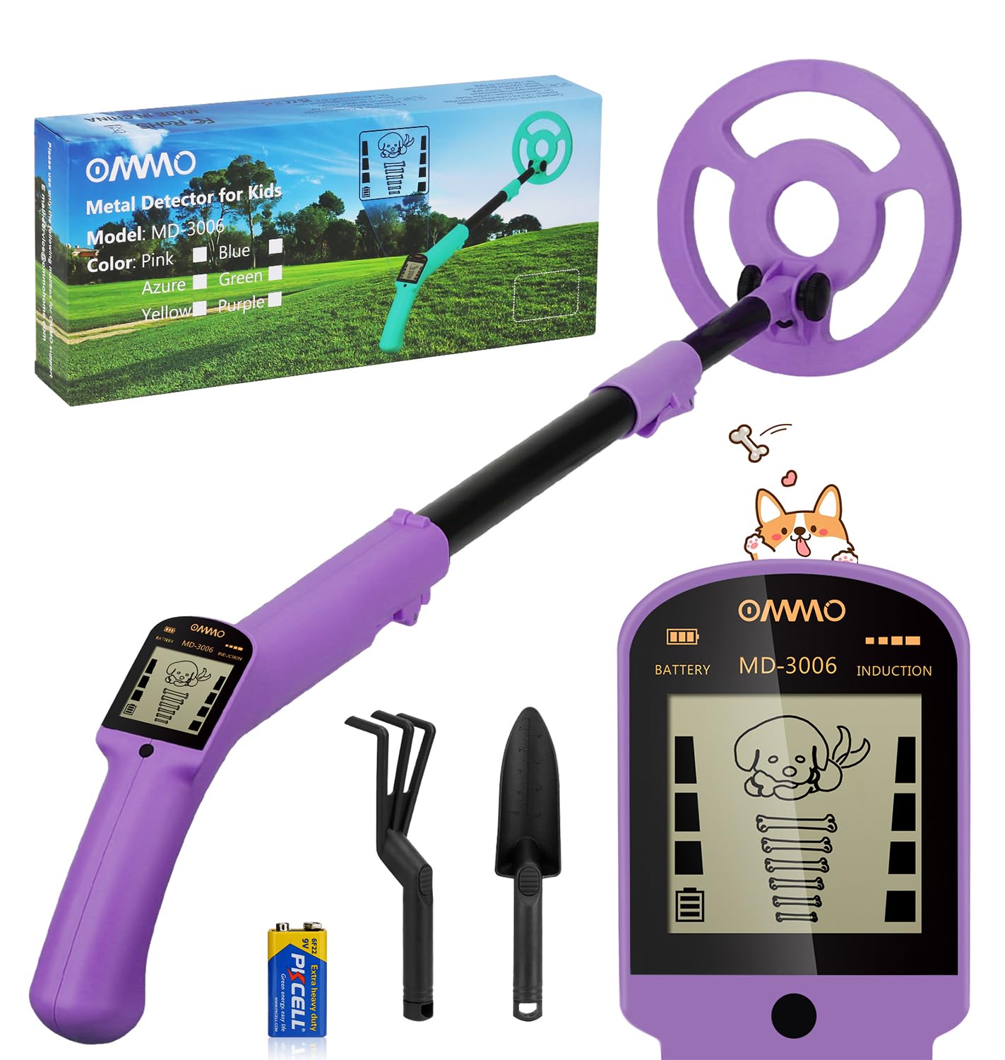 OMMO Metalldetektor für Kinder, Hochpräziser Metalldetektor mit LCD-Display, Leichter Kinder-Metalldetektor mit Verstellbarem Stiel, 6 '' Suchspule, Metalldetektor mit Schaufel Rechen, Violett