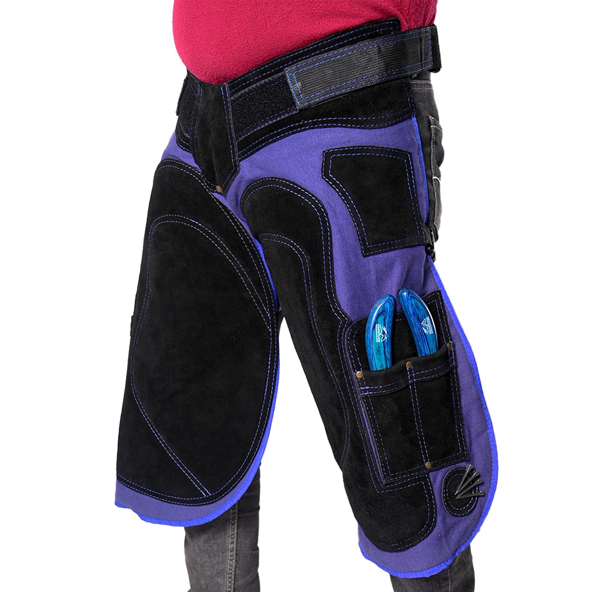 Equine Care Grembiule, grembiule con 4 tasche per coltelli e 2 calamite per chiodi, in pelle e tela, lunghezza 65 cm, colore: blu e nero