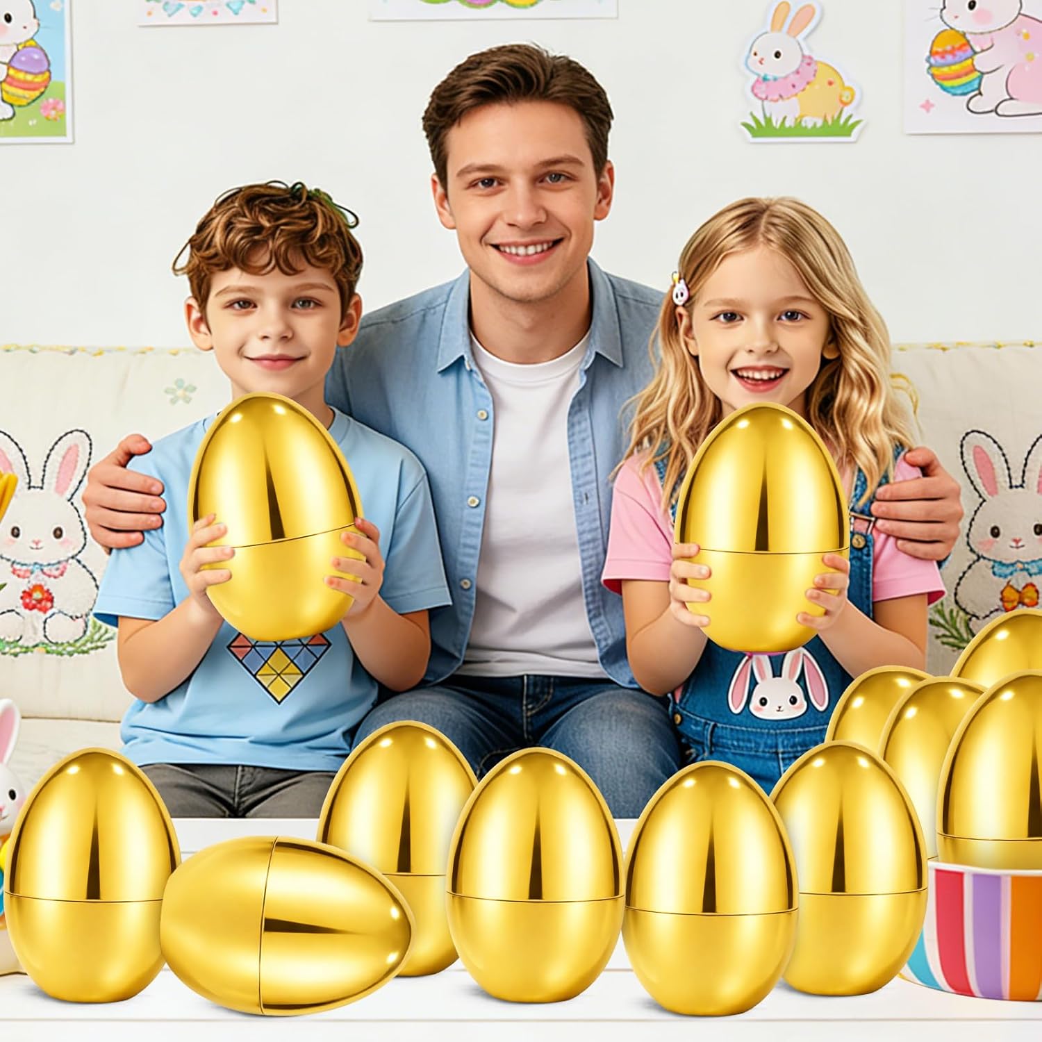 12 PCS 6" Jumbo Golden Metallic Plastic Easter Eggs, Giant Fillable Surprise Eggs for Kids Boys Girls Easter Eggs Hunt Basket Stuffers Filler Easter Party Favors Gifts