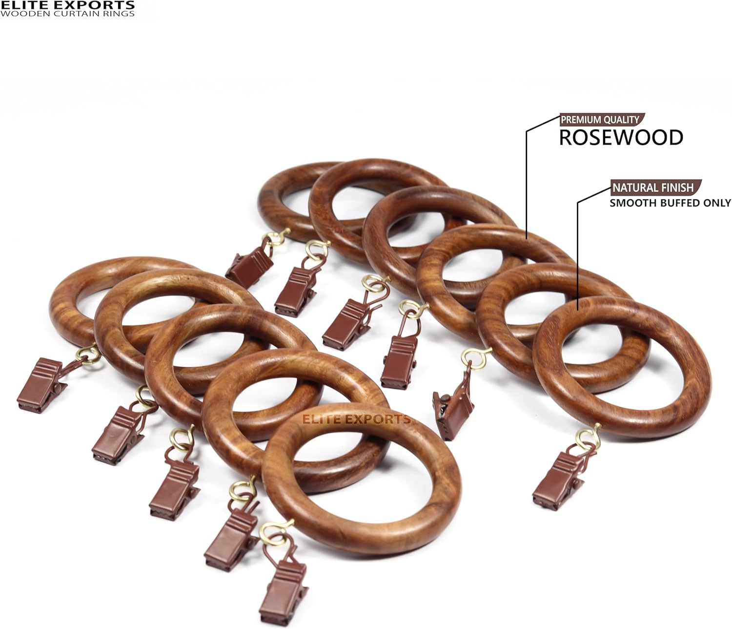 24 Pcs Curtain Rings with Clips Wooden 2.5 inch Outer Dia for 1 inch Rod Pole, Window Shower Curtain Hooks, Wood Curtain Rod Wood Curtain Rings with Eyelet, Drapery Rings.(24, 1.75 INCH Inner Dia)