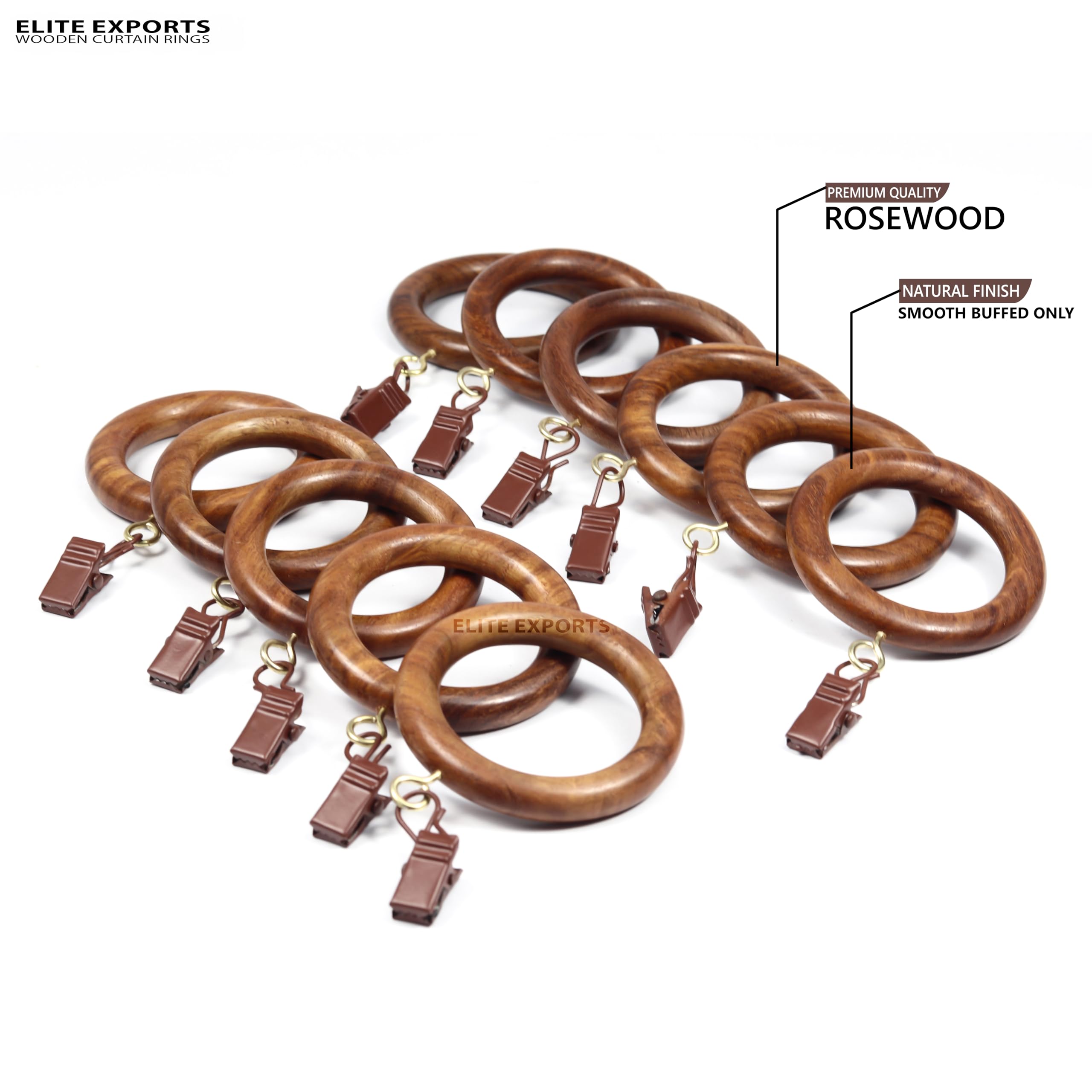 Anillos de cortina de madera con clips, paquete de 24 unidades, 6,3 cm, se adapta a barras de 2,53,8 cm, diseño de ojales para cortinas de ventana, duradero y elegante, perfecto para decoración del