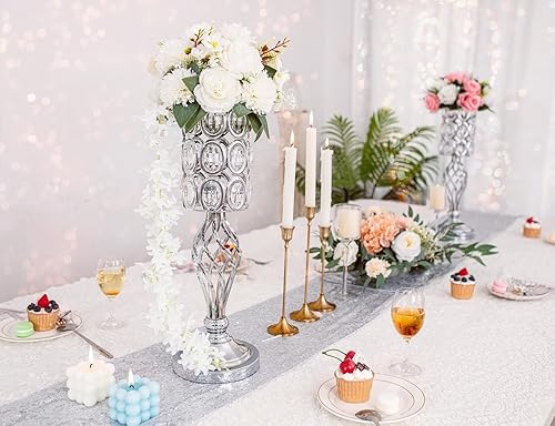Miniatura 3 de Juego de 2 jarrones de metal de cristal para mesas de boda de 20 pulgadas, jarrones de flores de trompeta plateados, soportes para boda, fiesta,