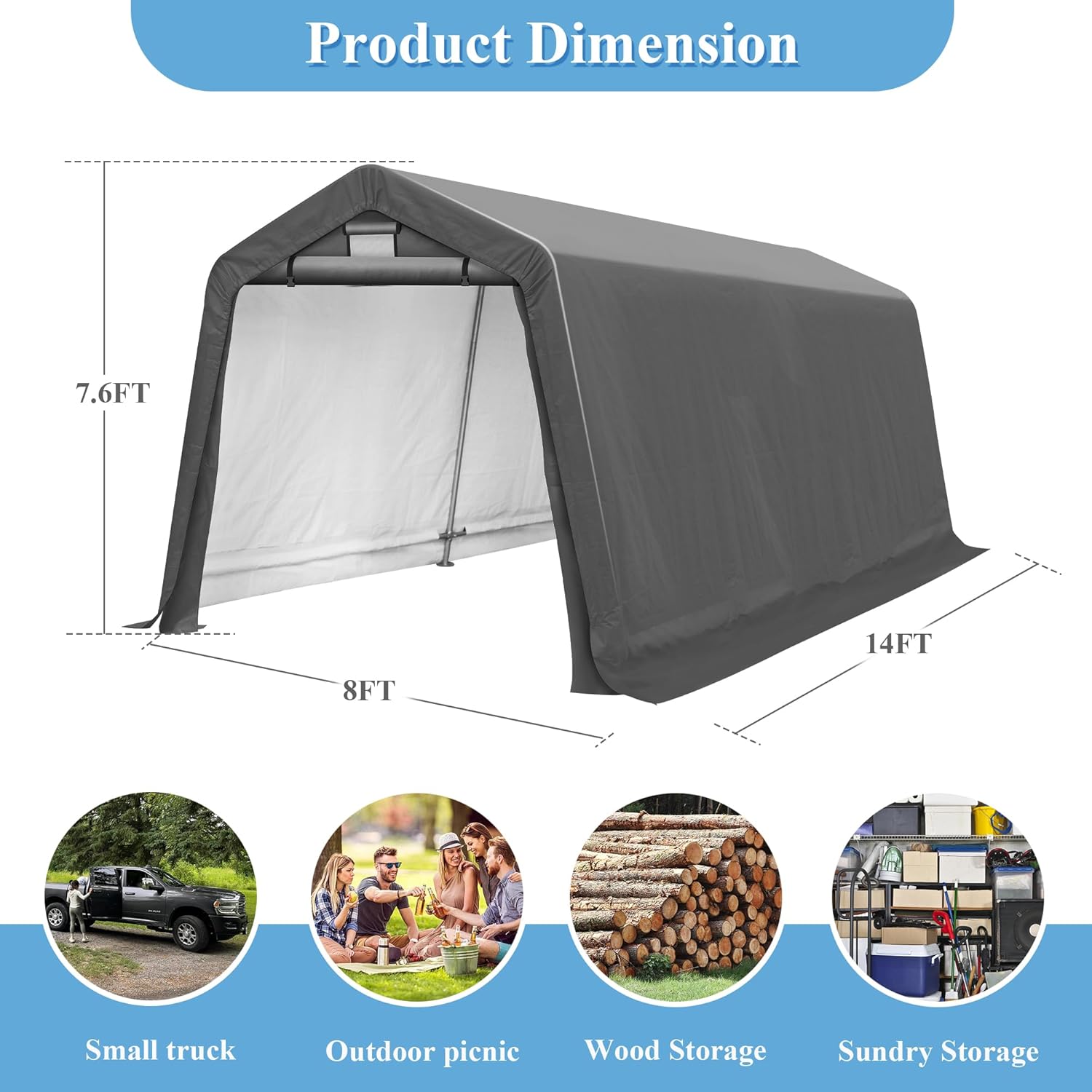 8x14 Ft Outdoor Storage Shelter, Heavy Duty Waterproof Portable Shed with Roll-up Zipper Door and Ventilated Windows for Motorcycle, Bike, Tools