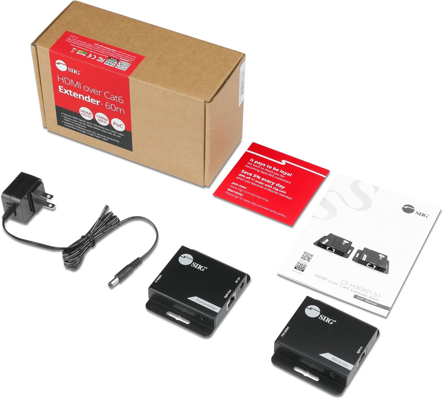 SIIG HDMI Over Cat6 Extender - 60m - 1080p (197ft) - Power Over Cable - No Driver - Plug & Play - Metal housing & Mountable (CE-H3EX01-S1)