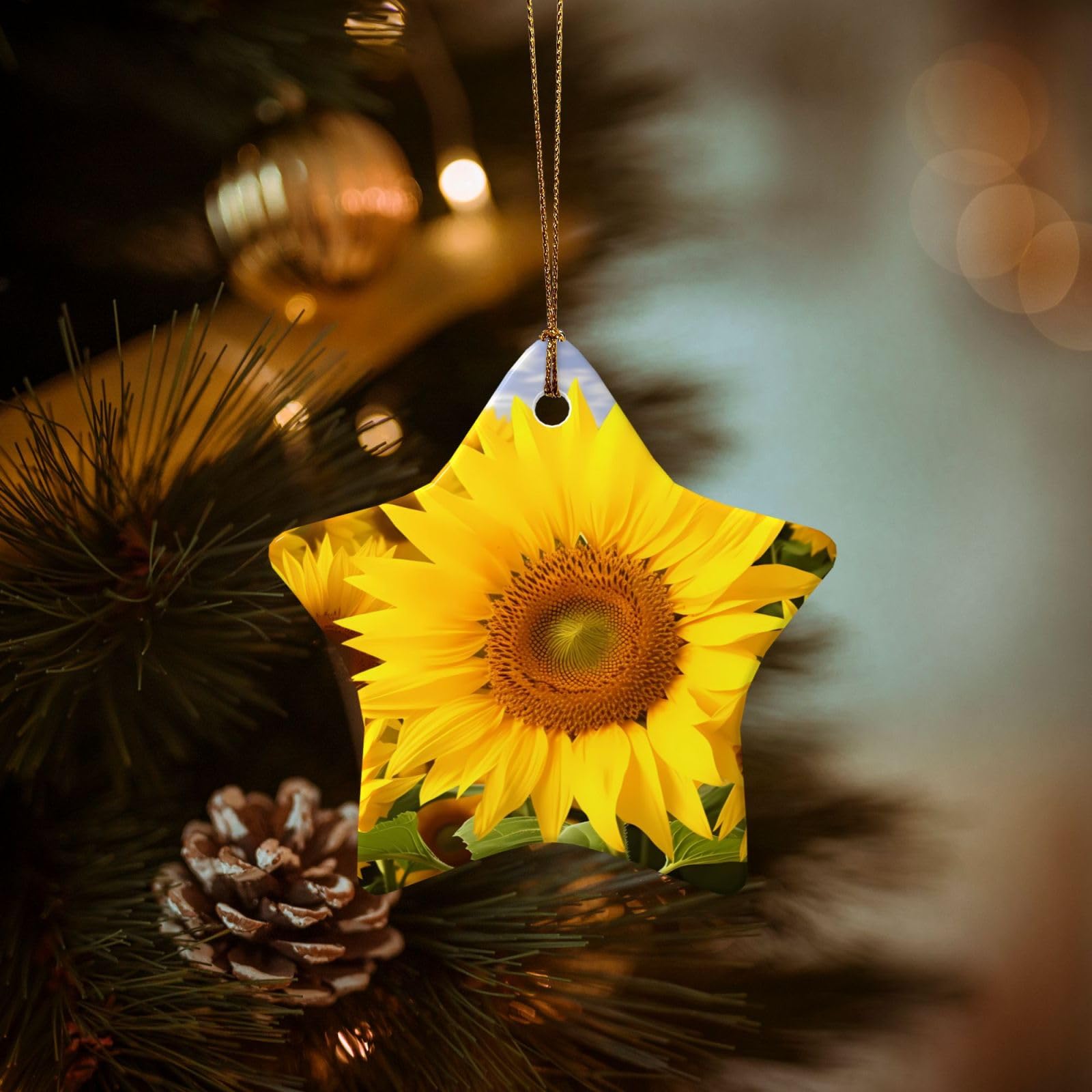 Christmas Ornaments for Christmas Tree Decoration Hanging Sunflowers Ornament with Gold Ribbon Crafts Star Shape Ceramic Pendant for Keepsake Gifts Xmas Decor Party Supplies
