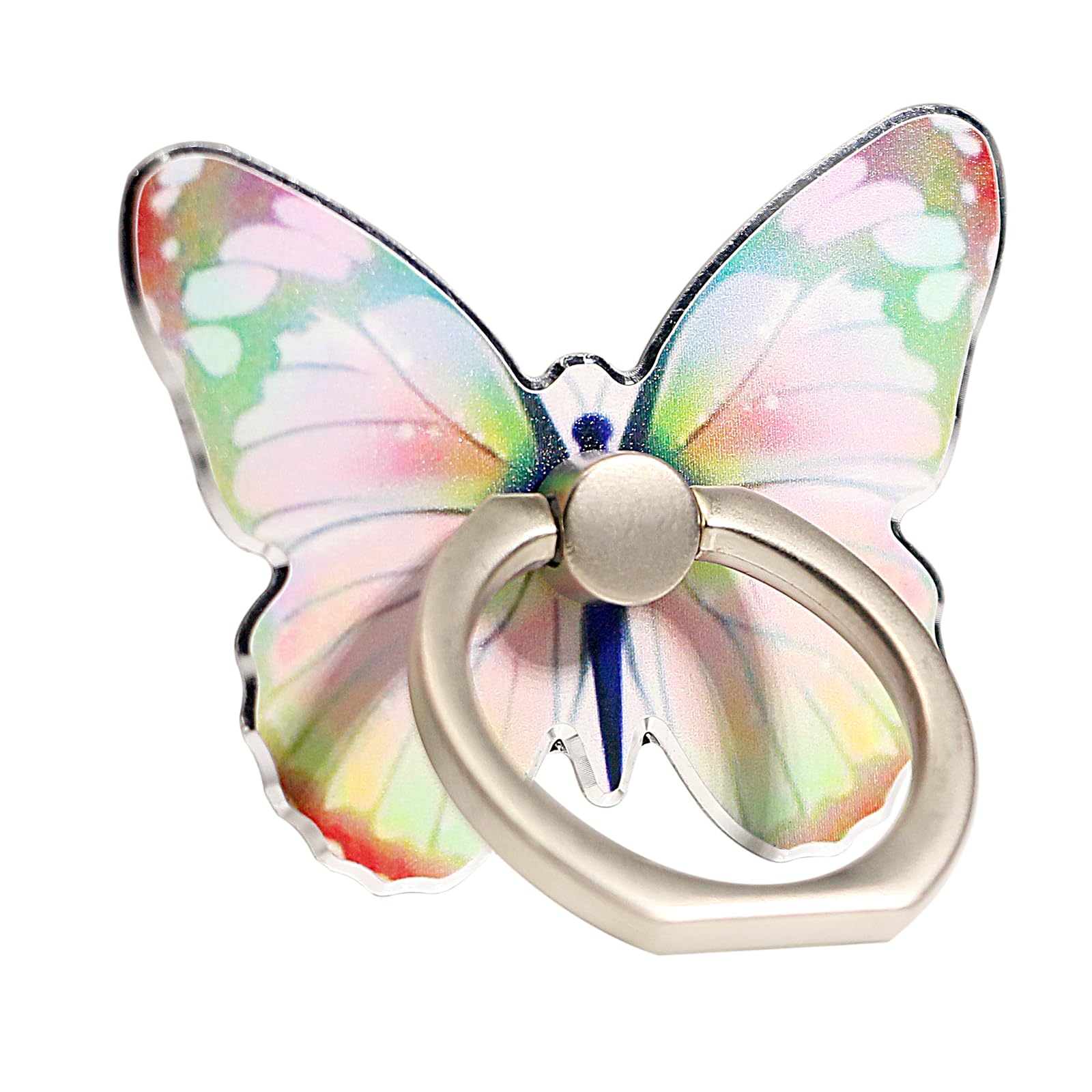 Butterfly Cell Phone Ring Stand Holder, Cute Butterfly Pattern Painted Metal Finger Stand Kickstand 360°Rotation Phone Ring Holder Stand Ring Hand Grip with Knob Loop (Pink Green)