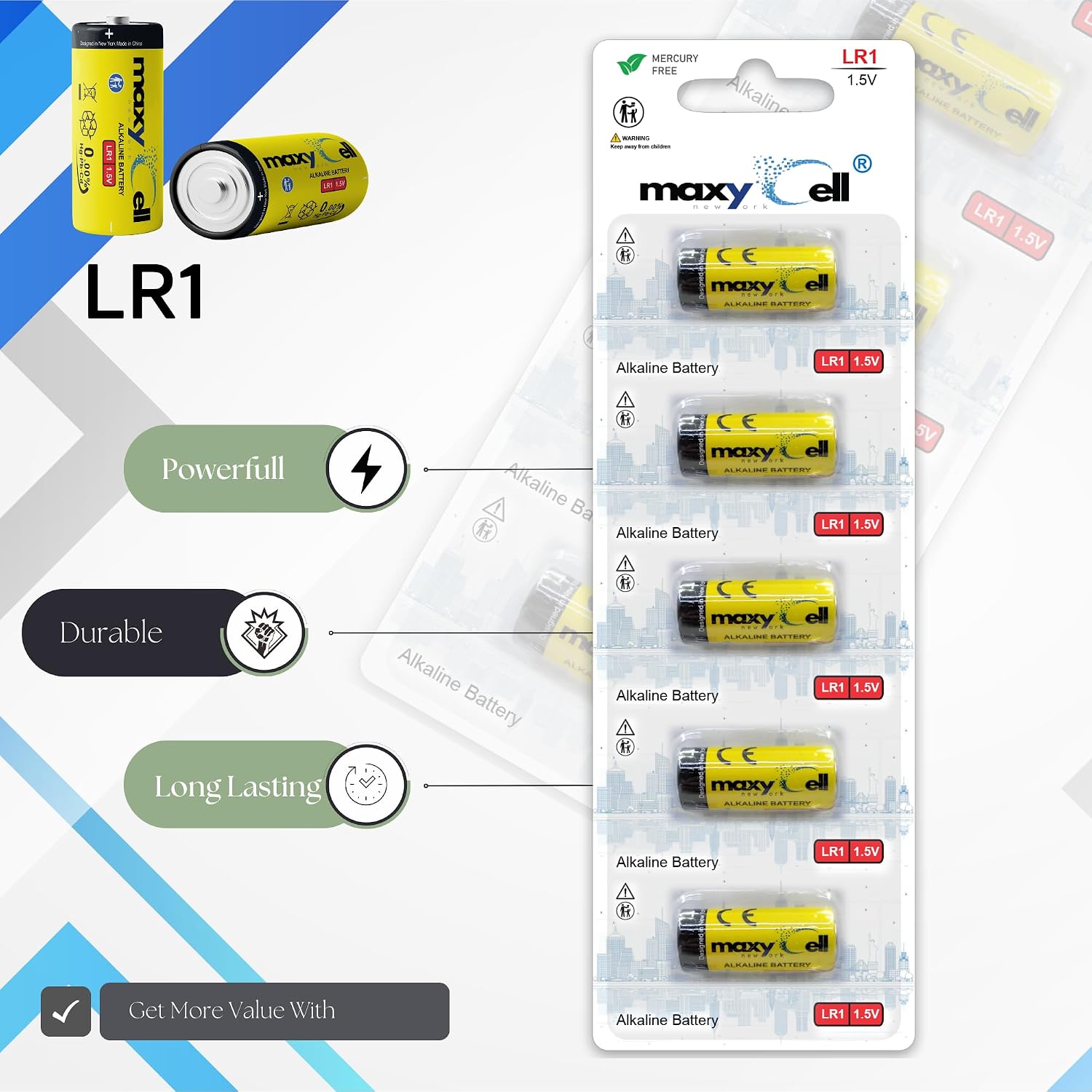 LR1 Alkaline Batteries 1.5V - High Capacity Long Lasting Reliable Power Replacement for Medical Devices, Car Alarms, Key Fobs, GPS trackers Leak-Proof Design MN9100, 910A, LR1, E90 (5 Pack)