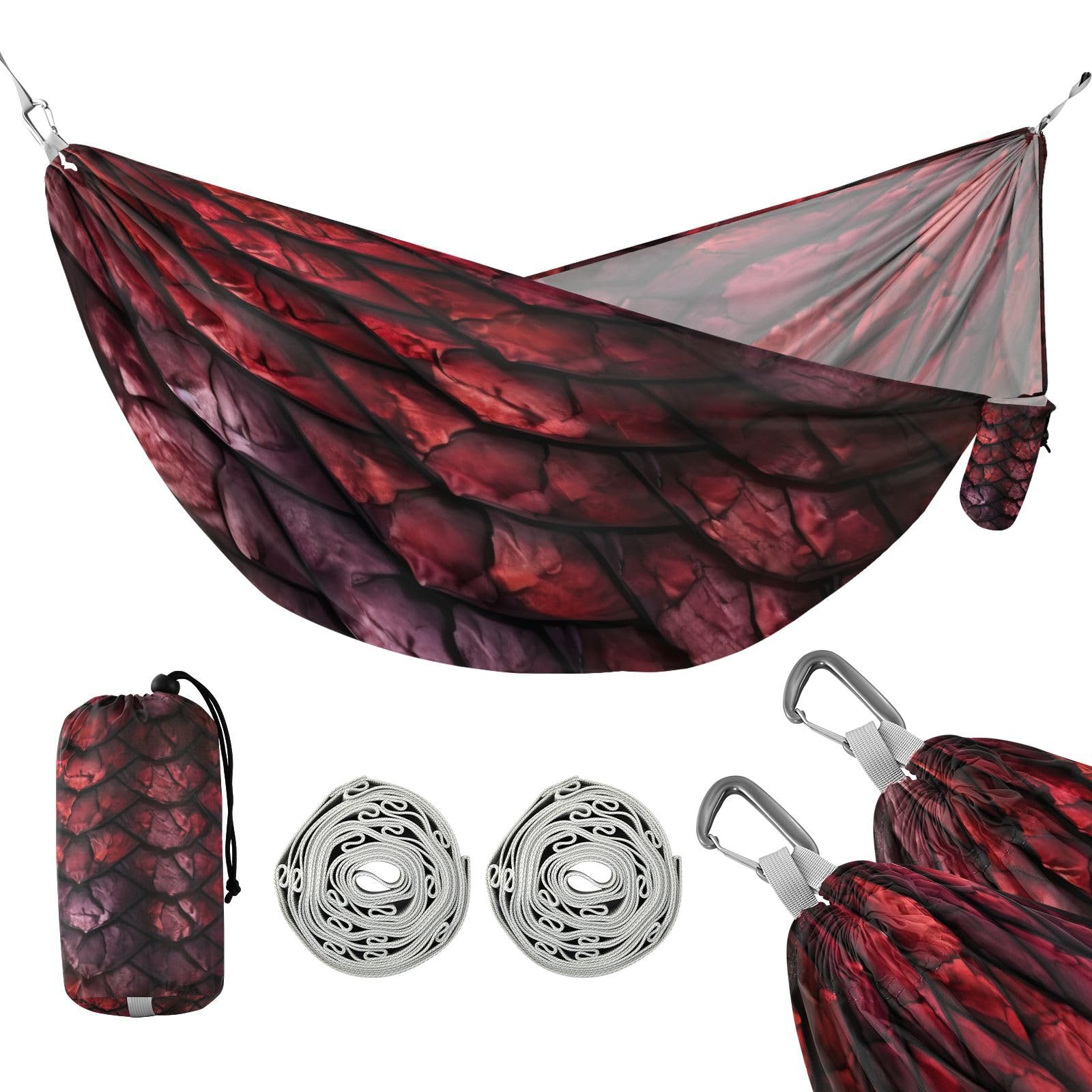 SDMKA Red Dragons Scale Camping Hammock, 330 lbs with 2 Tree Straps, Carry Bag, Single Portable Hammock for Outdoor/Indoor, Hiking, Beach, Backpacking, Travel