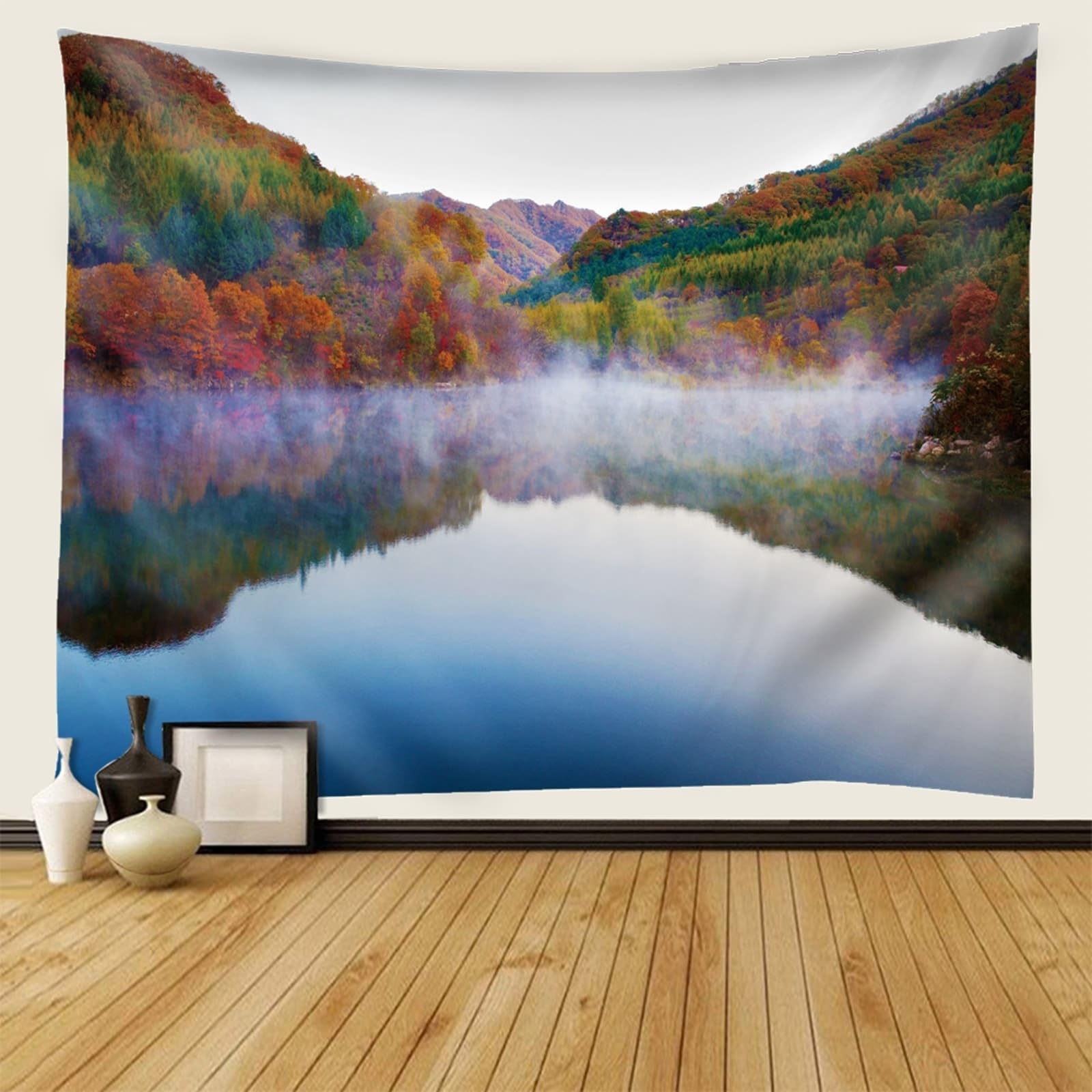 Tapiz de pared verde de poliéster, paisaje montañas, lago y árboles, 260 x 240 cm