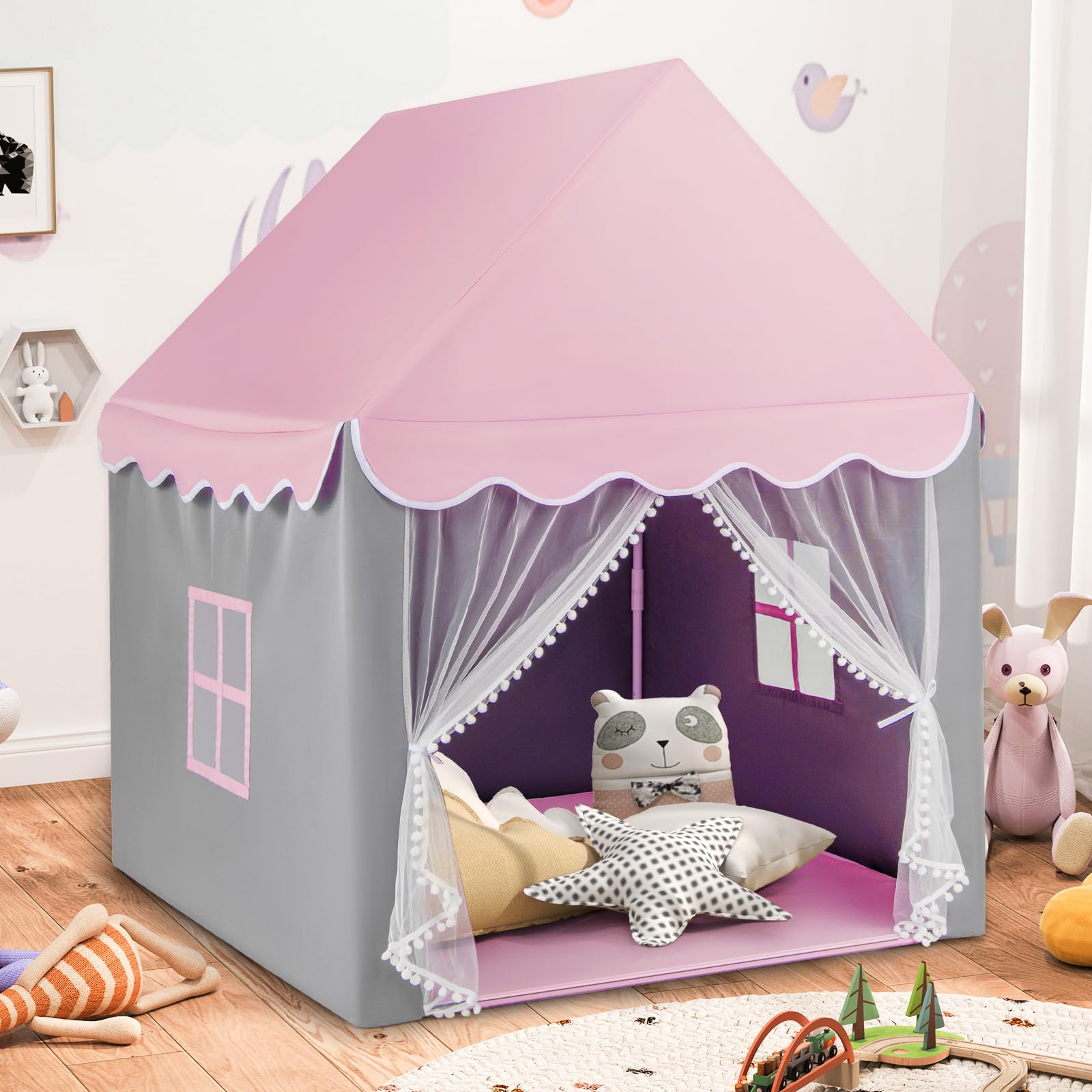 COSTWAY Kinderspielhaus mit Sternenlichter, Prinzessin Prinzess Kinderzelt mit Fenster & Matte, Spielzelt mit doppeltem Vorhang, Kinderspielzelt, Kinderspielburg für Jungen und Märchen (Rosa)
