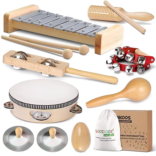 LOOIKOOS Toddler Musical Instruments International Natural Wooden Music Set for Toddlers and Kids - Eco Friendly Preschool Educational Musical Toys with Storage Bag