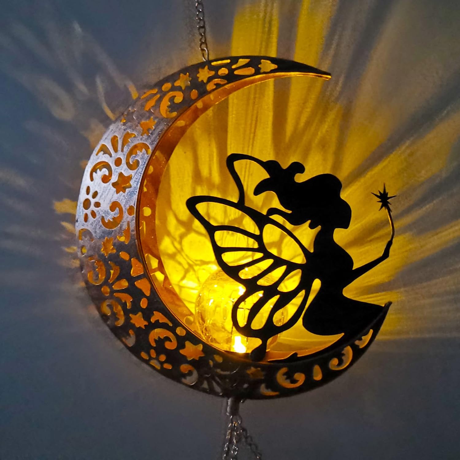 Solar Wind Chimes Moon Fairy Hanging Outdoor Decor Crackle Glass Ball Warm Memorial Wind Chimes Light Patio Lawn Yard Gardening Gift for mom for Grandma Gifts Christmas Decorations
