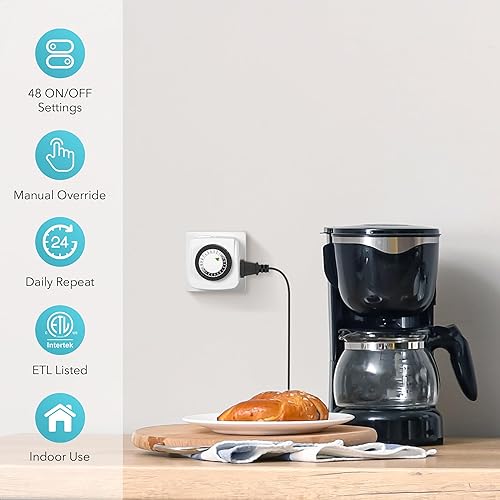 Miniatura 5 de BN-LINK Temporizadores para interiores enchufe mecánico de 2 clavijas temporizador de luz mini de 24 horas paquete de 2 unidades para tomacorrientes