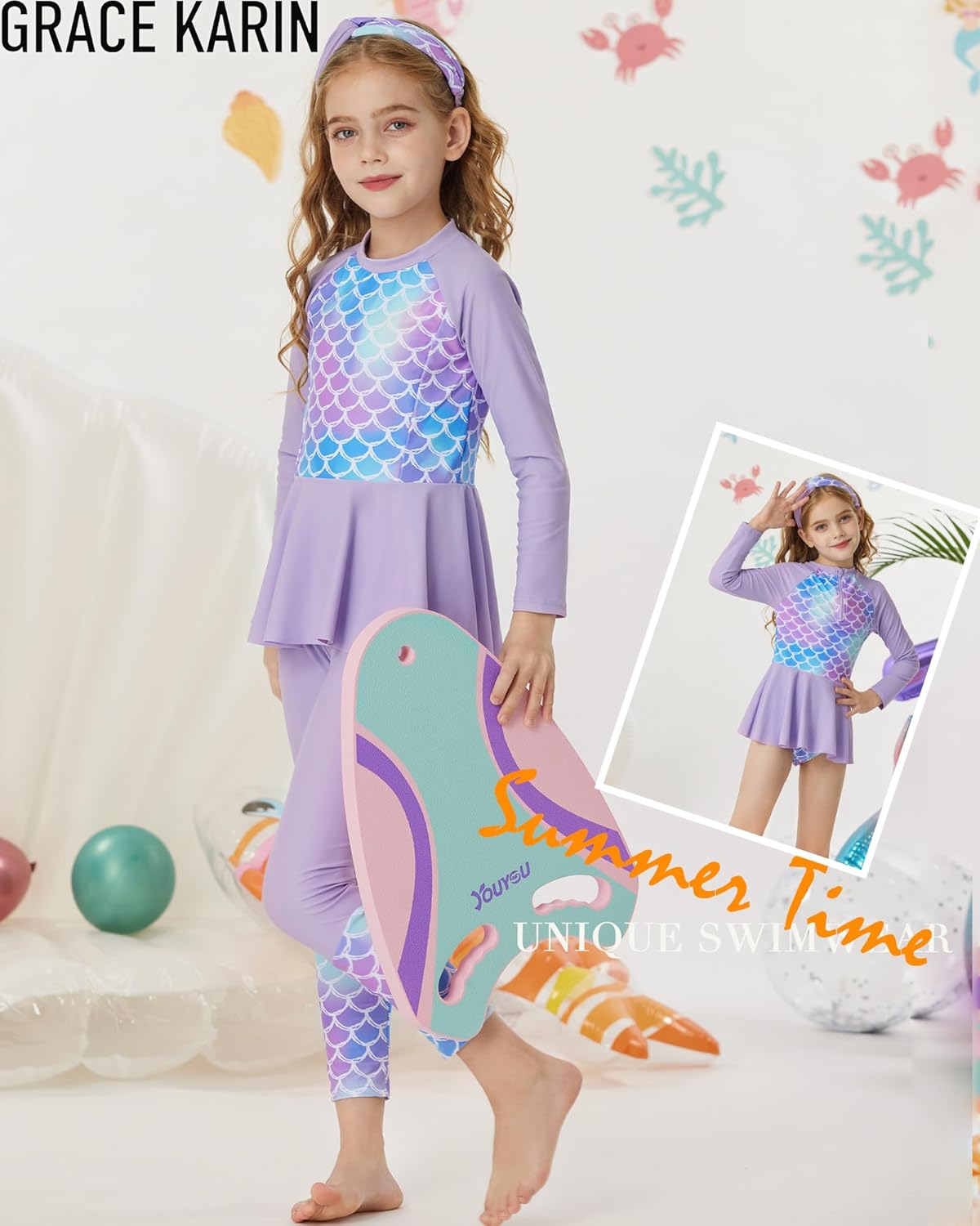 GRACE KARIN Girls Long Sleeve Swimsuit Mermaid Bathing Suit Rash Guard Swimwear 4 Piece Size 5-12 - Image 4