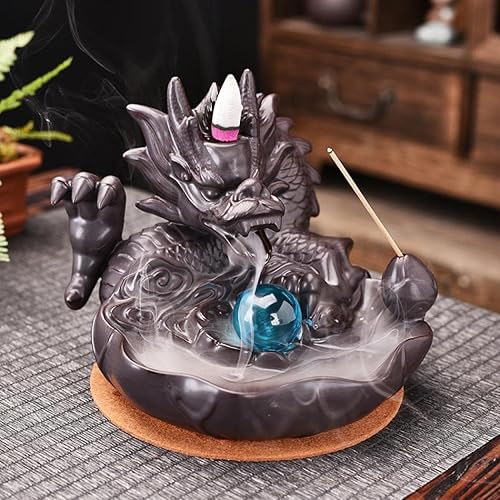 Miniatura 5 de Quemador de incienso de dragón con bola de cascada de reflujo de incienso de cerámica con conos