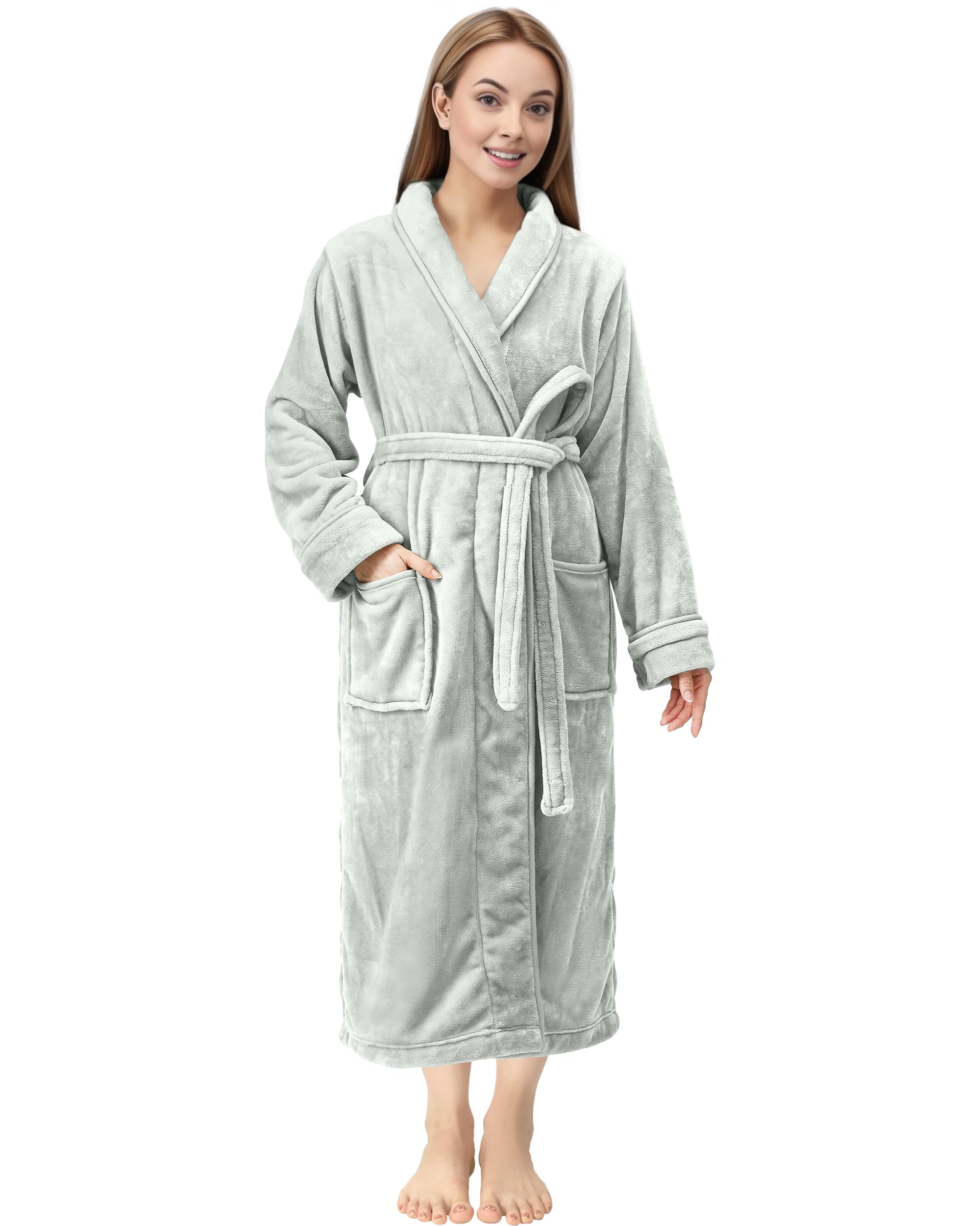 NY Threads Premium Womens Robe Plush Soft Long Bathrobe Warm Fleece Shawl Collar Spa Robe Pack of 1, Large, Light Grey