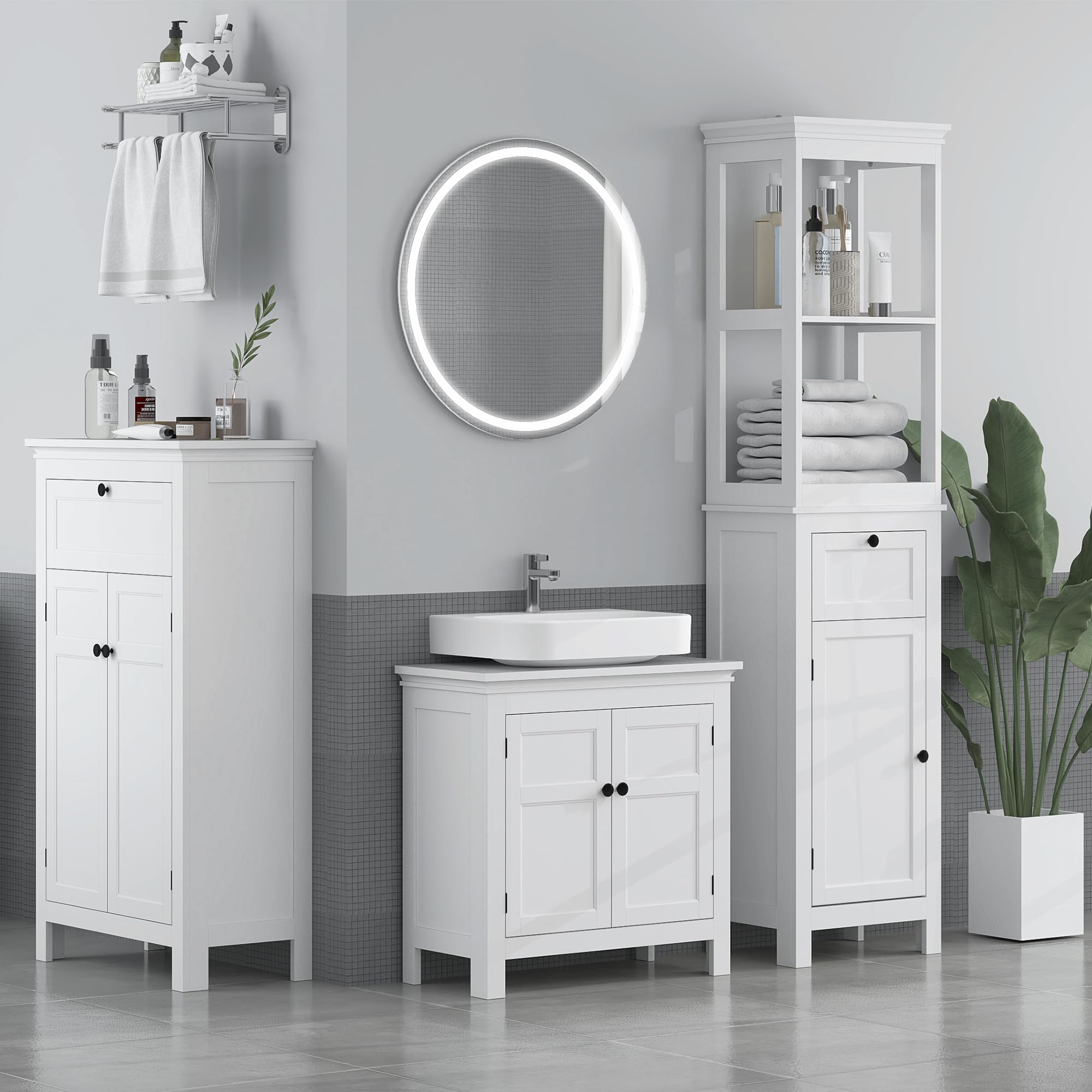 HOMCOM Columna de Baño Armario Alto 2 Puertas Cajón 60x30x102,5 cm Blanco | Estantes Ajustables, Diseño Moderno