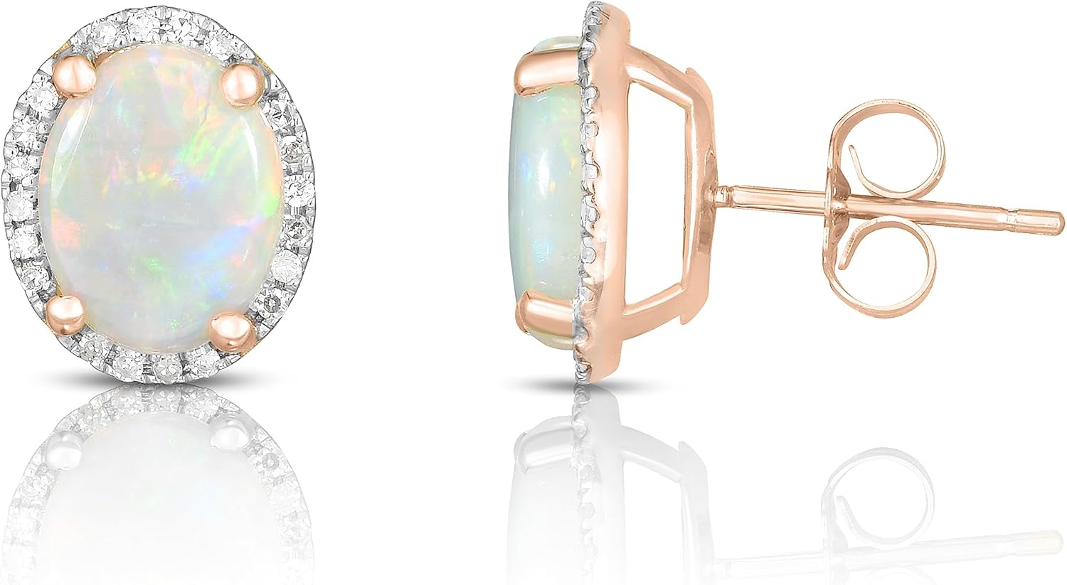 14K Rose Gold Genuine Opal 9x7mm Oval, Diamond Studs Earrings
